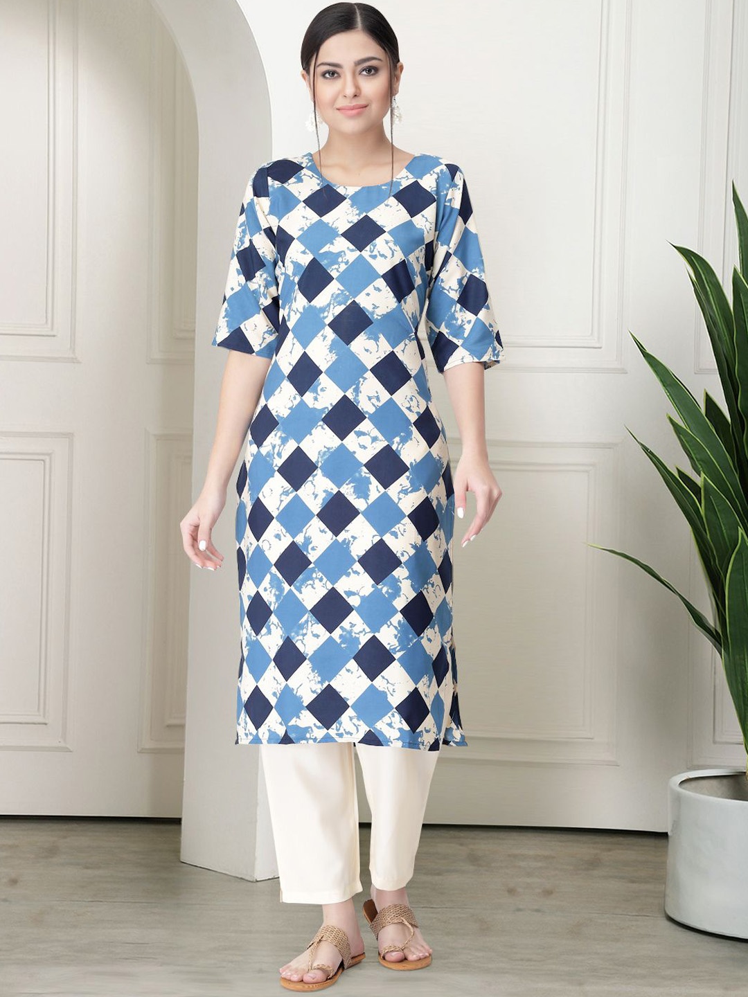 

7Threads Geometric Printed Round Neck Kurta With Trousers, White