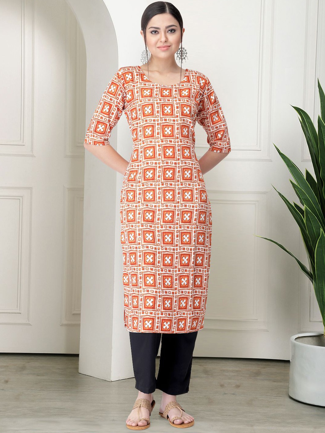 

7Threads Geometric Printed Round Neck Kurta With Trousers, Orange