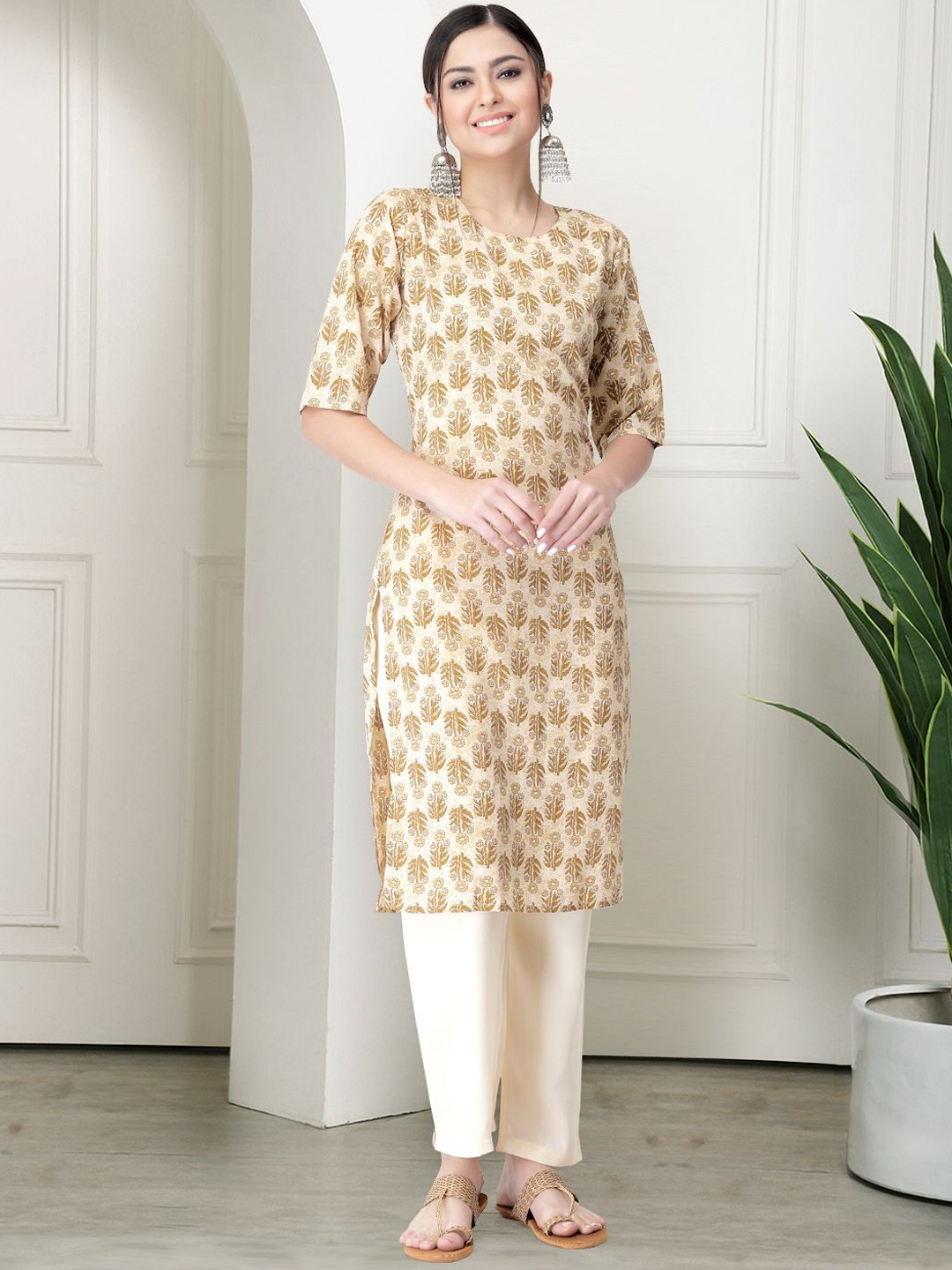 

7Threads Ethnic Motifs Printed Round Neck Straight Kurta With Trouser, Beige