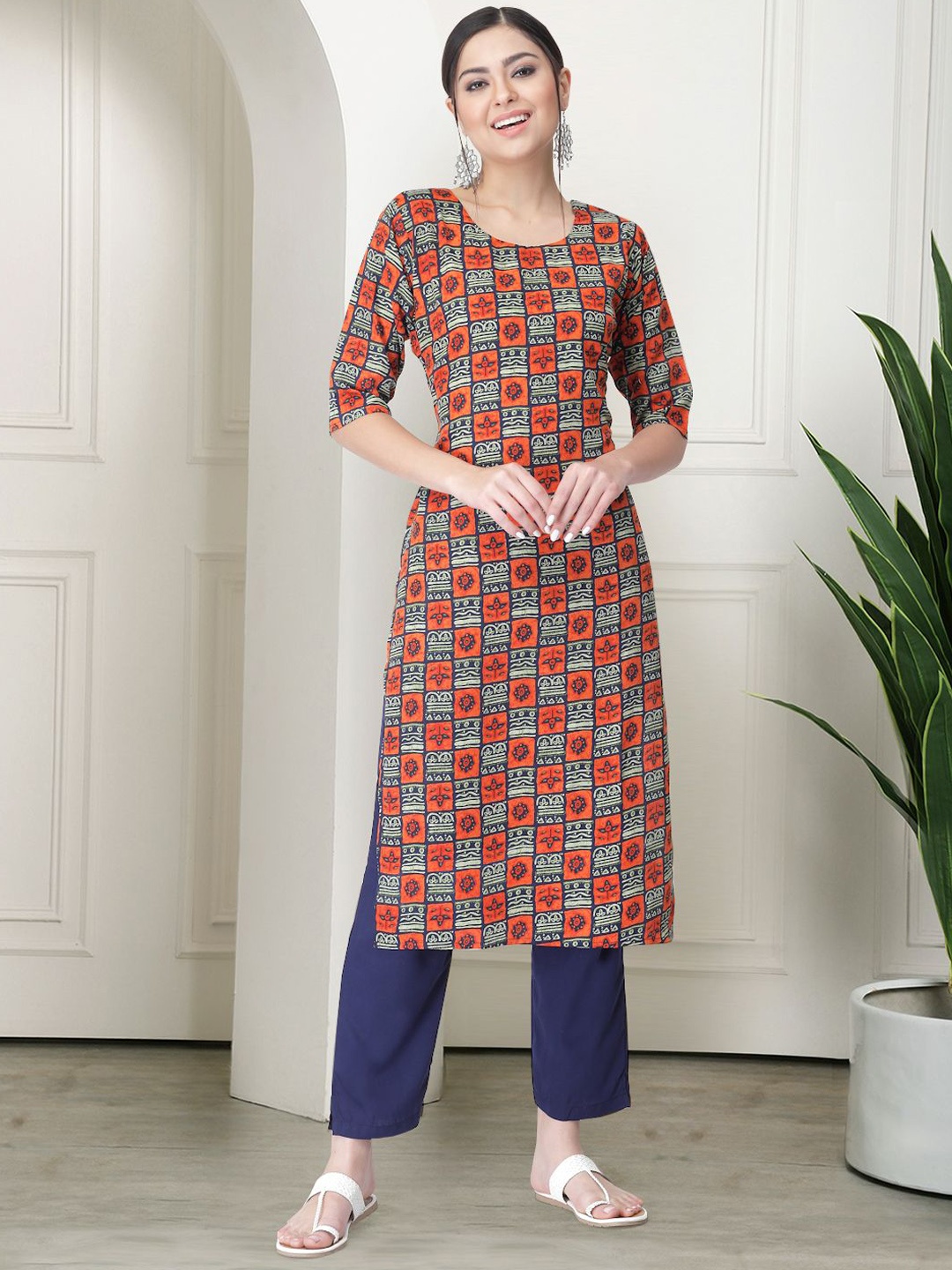 

7Threads Geometric Printed Round Neck Kurta With Trousers, Black