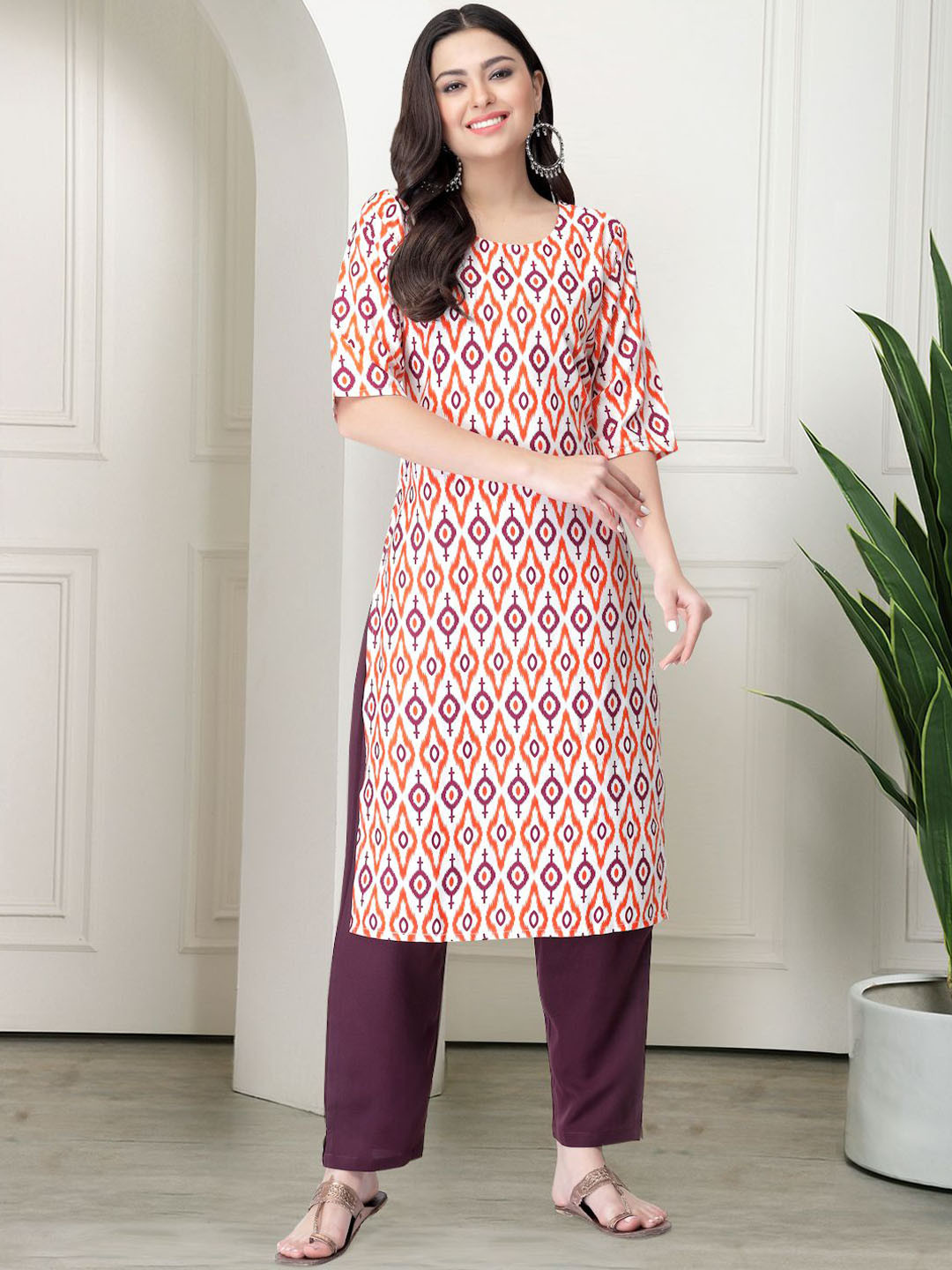 

7Threads Ethnic Motifs Printed Round Neck Kurta With Trousers, White