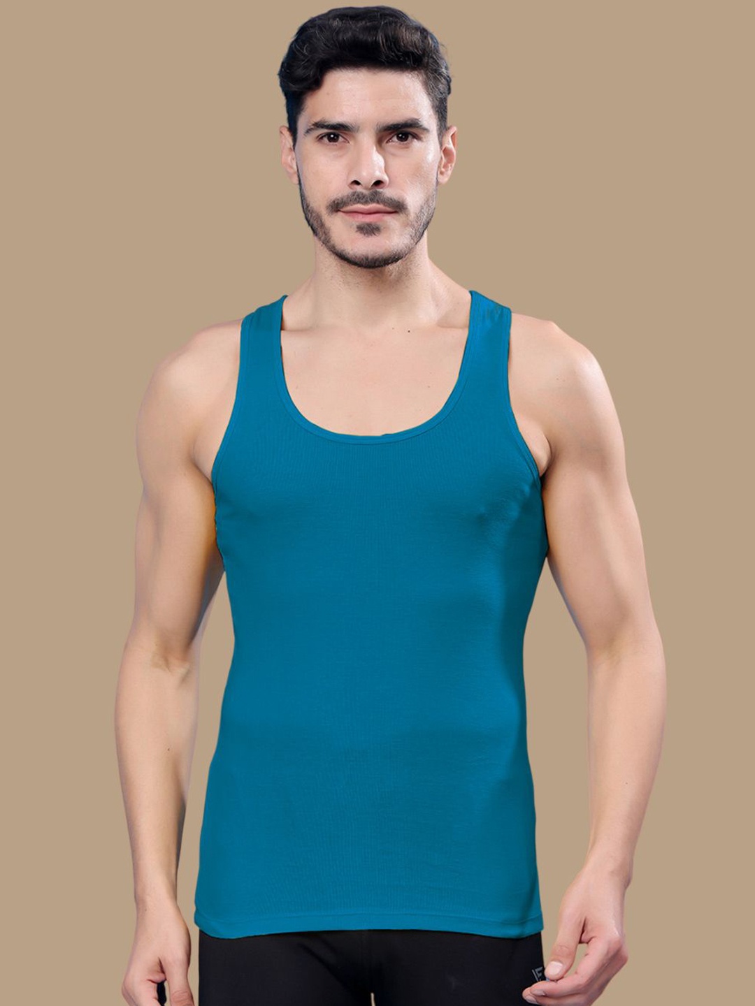 

Friskers Men Round Neck Ribbed Cotton Gym Vest 191224R-20, Turquoise blue