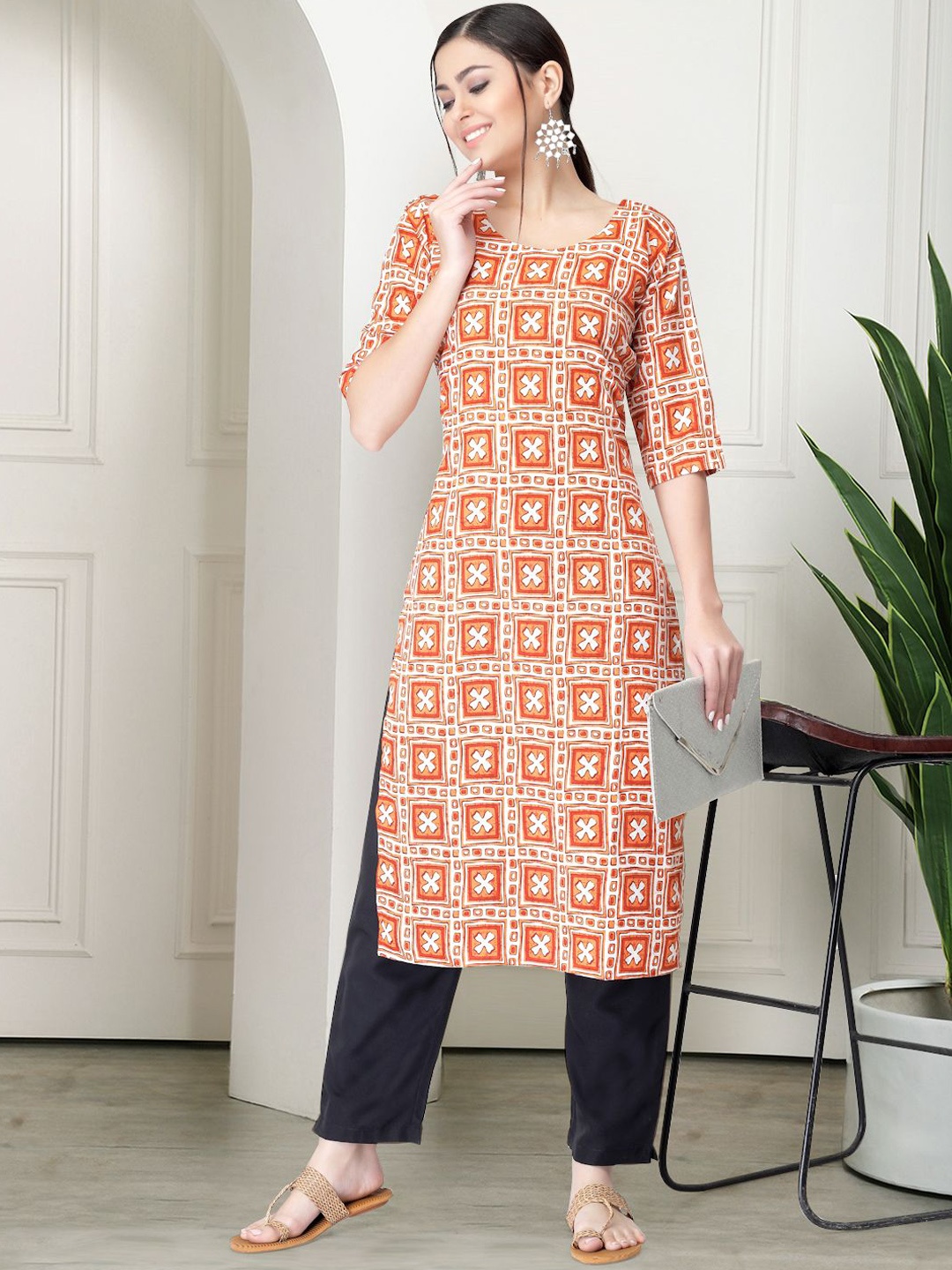 

7Threads Ethnic Motifs Printed Round Neck Kurta With Trousers, Orange