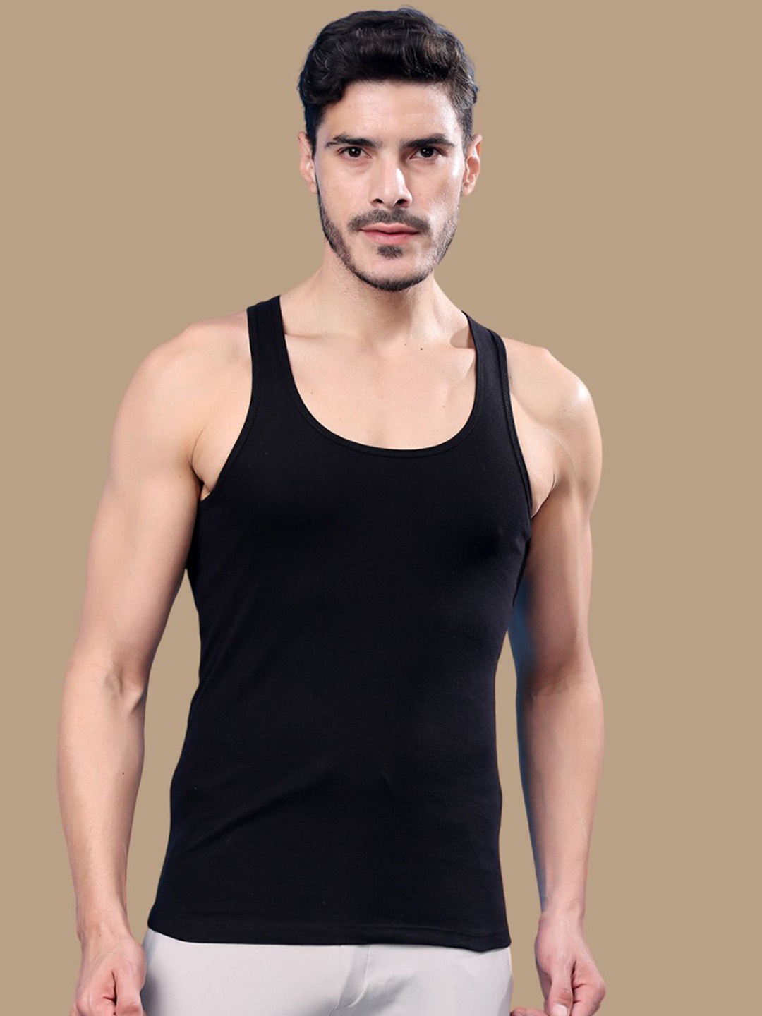 

Friskers Men Round Neck Ribbed Cotton Gym Vest 191224R-01, Black