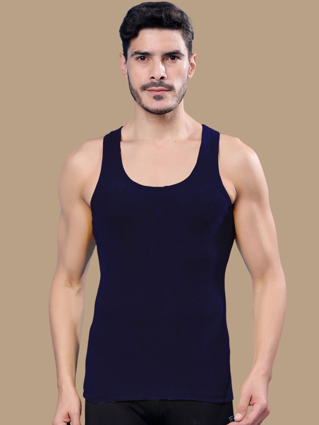 

Friskers Men Round Neck Ribbed Cotton Gym Vest 191224R-05, Navy blue