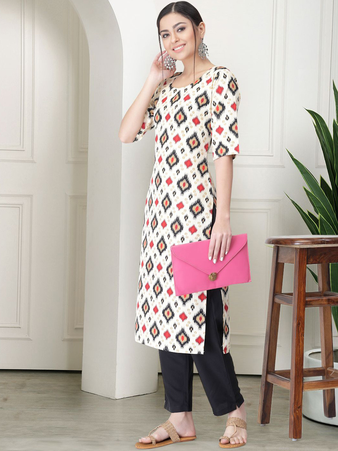 

7Threads Ethnic Motifs Printed Round Neck Kurta With Trousers, White