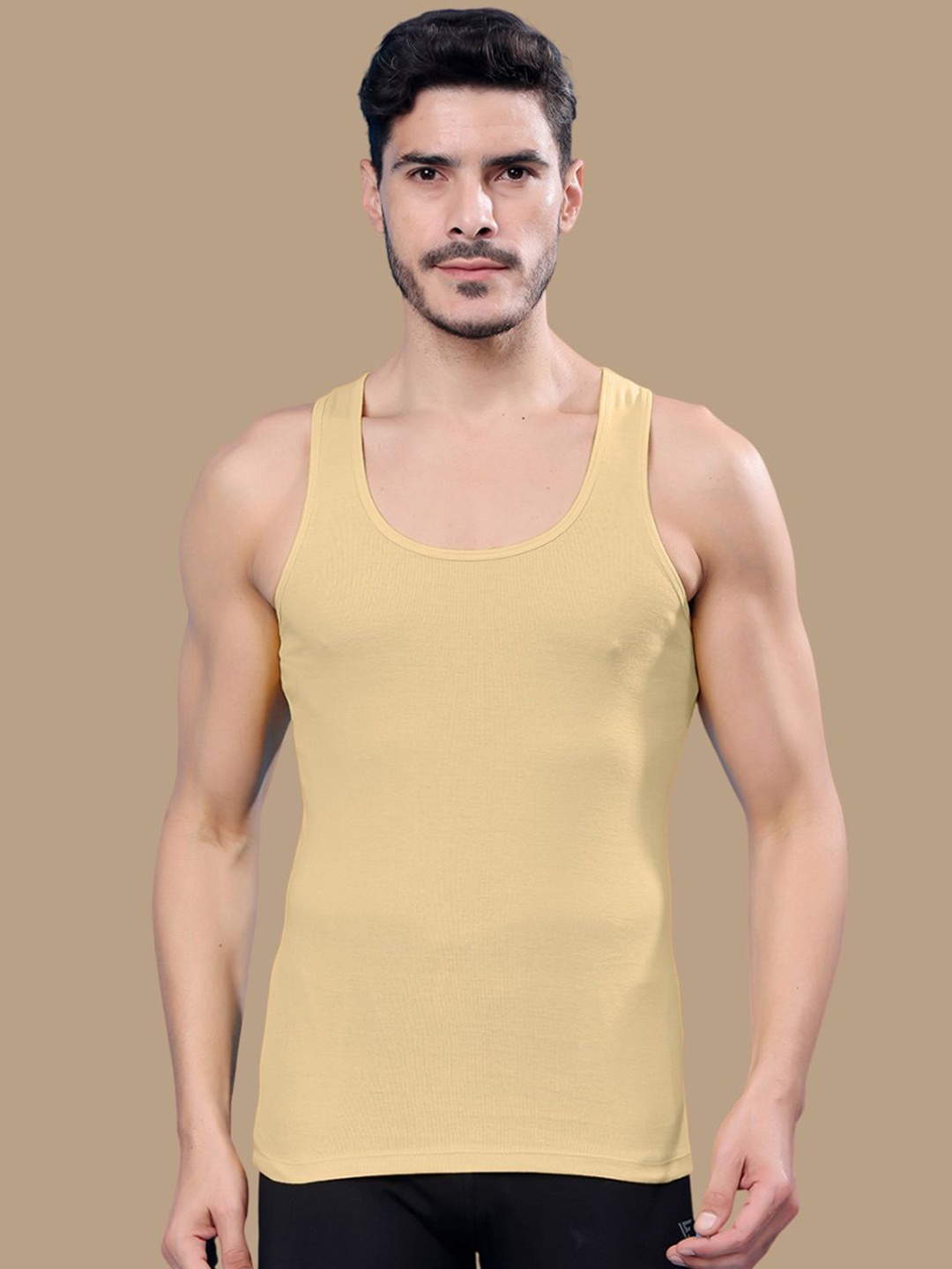 

Friskers Men Round Neck Ribbed Cotton Gym Vest 191224R-09, Beige