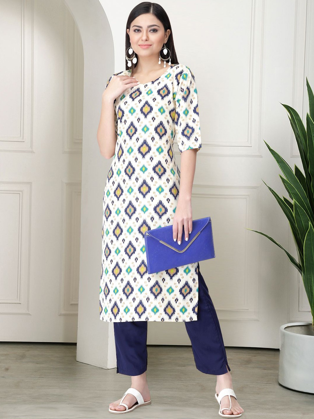 

7Threads Ethnic Motifs Printed Round Neck Kurta With Trousers, White