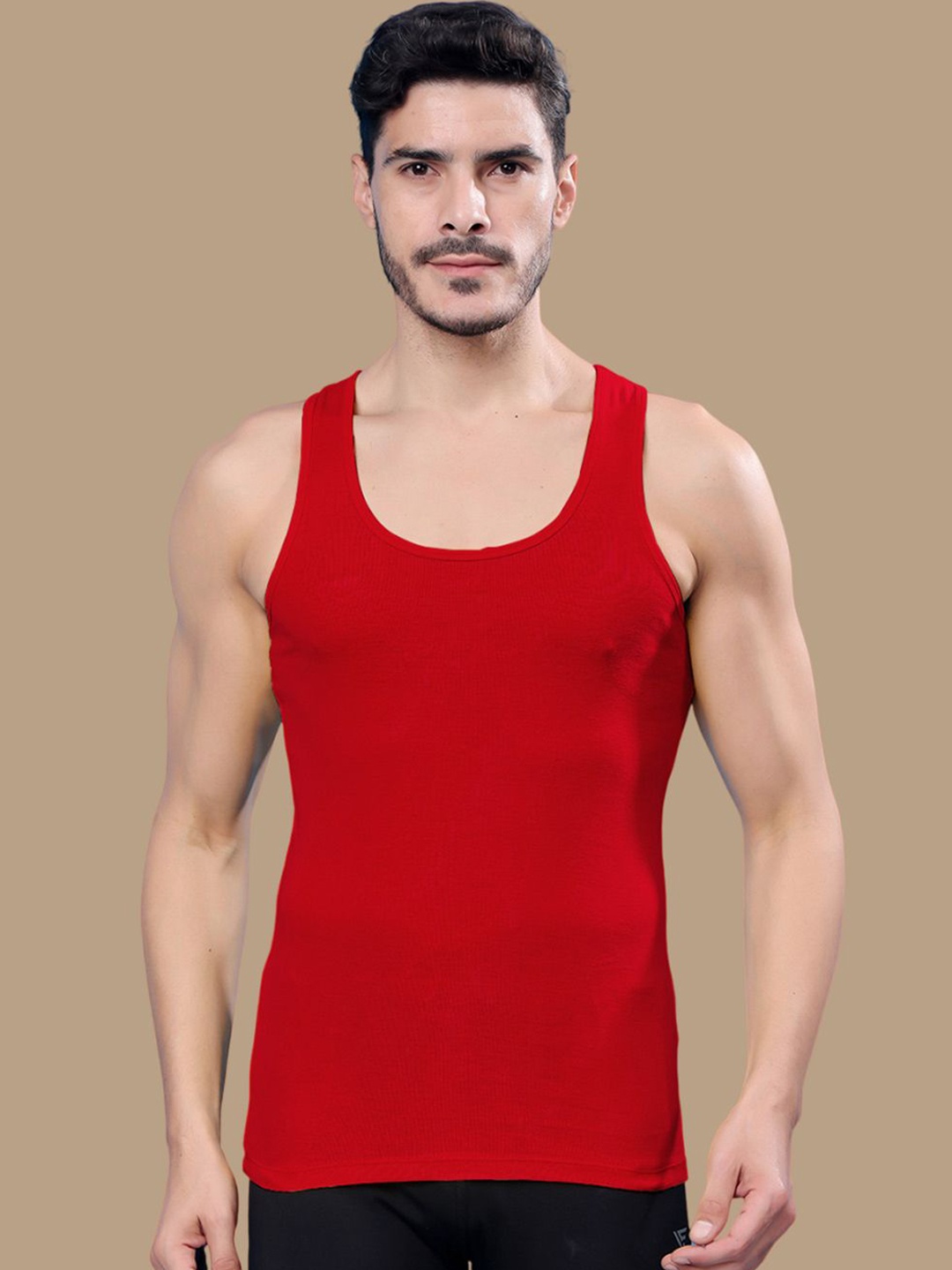 

Friskers Men Round Neck Ribbed Cotton Gym Vest 191224R-03, Red