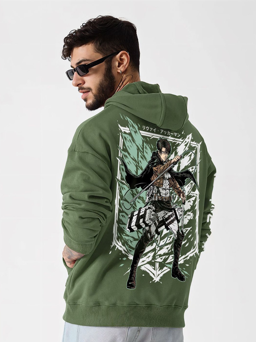

Crazymonk Printed Anime Levi Ackermen Oversized Fit Hooded Sweatshirt, Olive