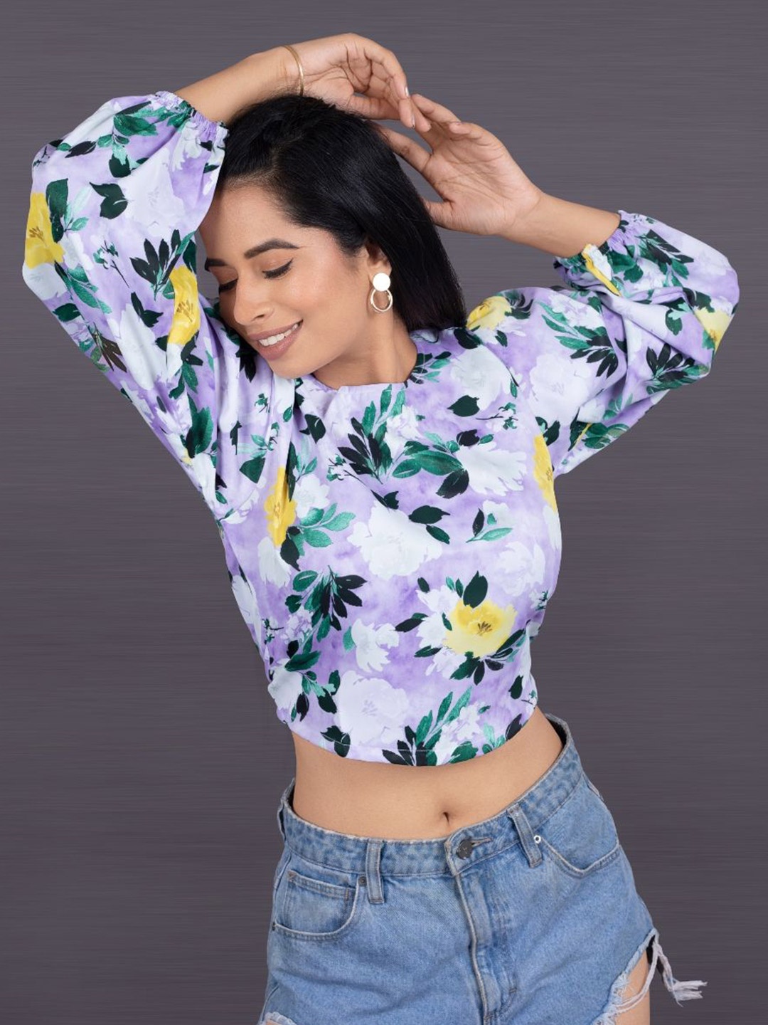 

La Aimee Floral Printed Blouson Crop Top, Purple