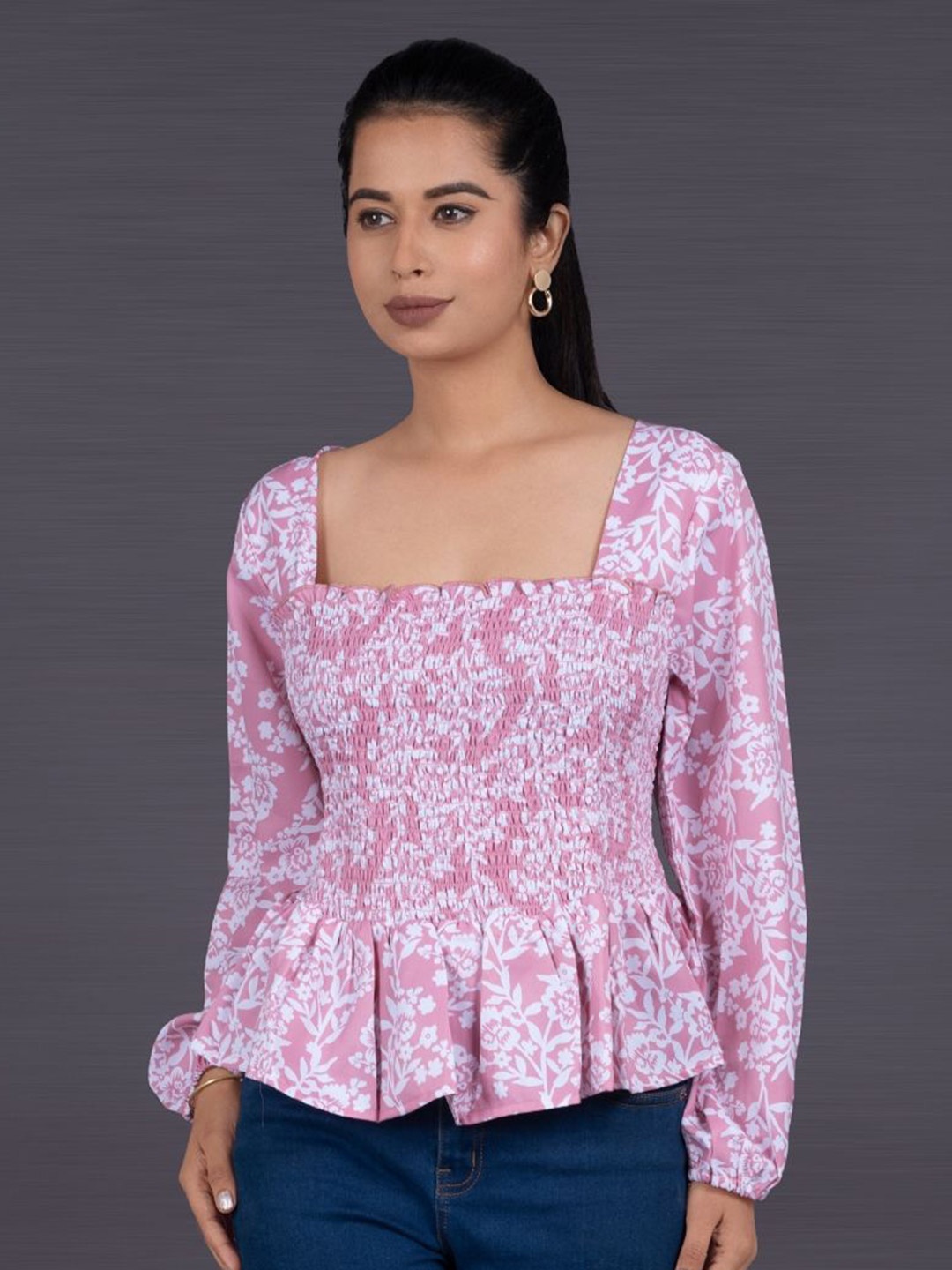 

La Aimee Floral Print Puff Sleeve Crepe Top, Peach