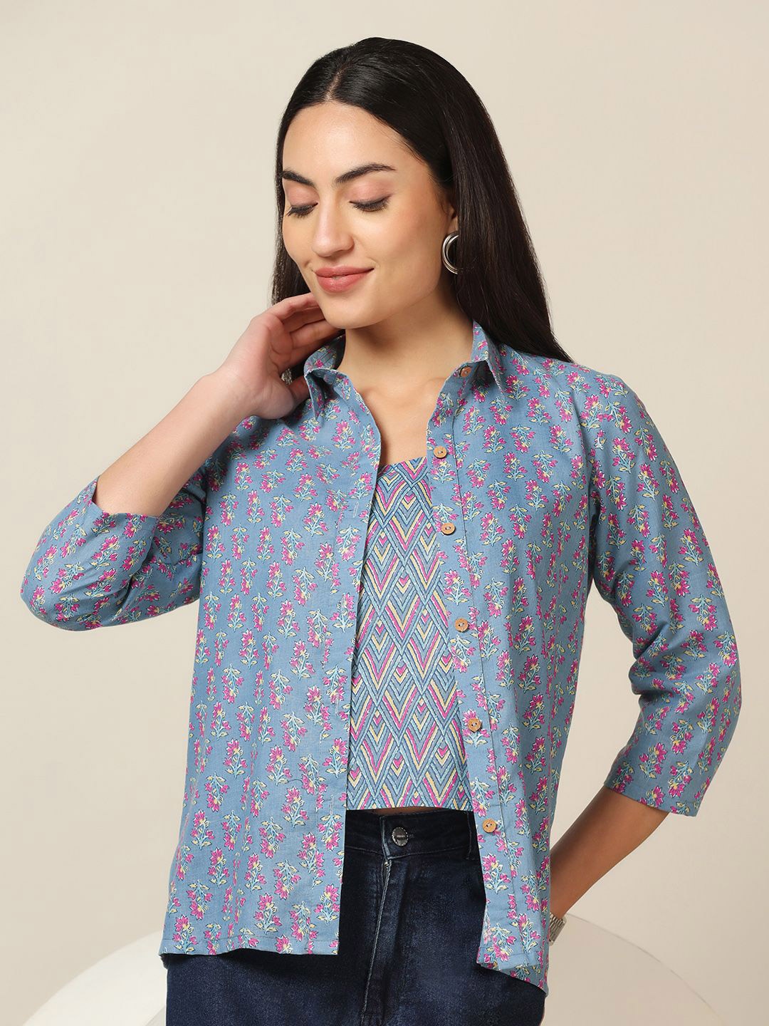 

Moda Rapido Women Floral Printed Cotton Casual Shirt, Blue