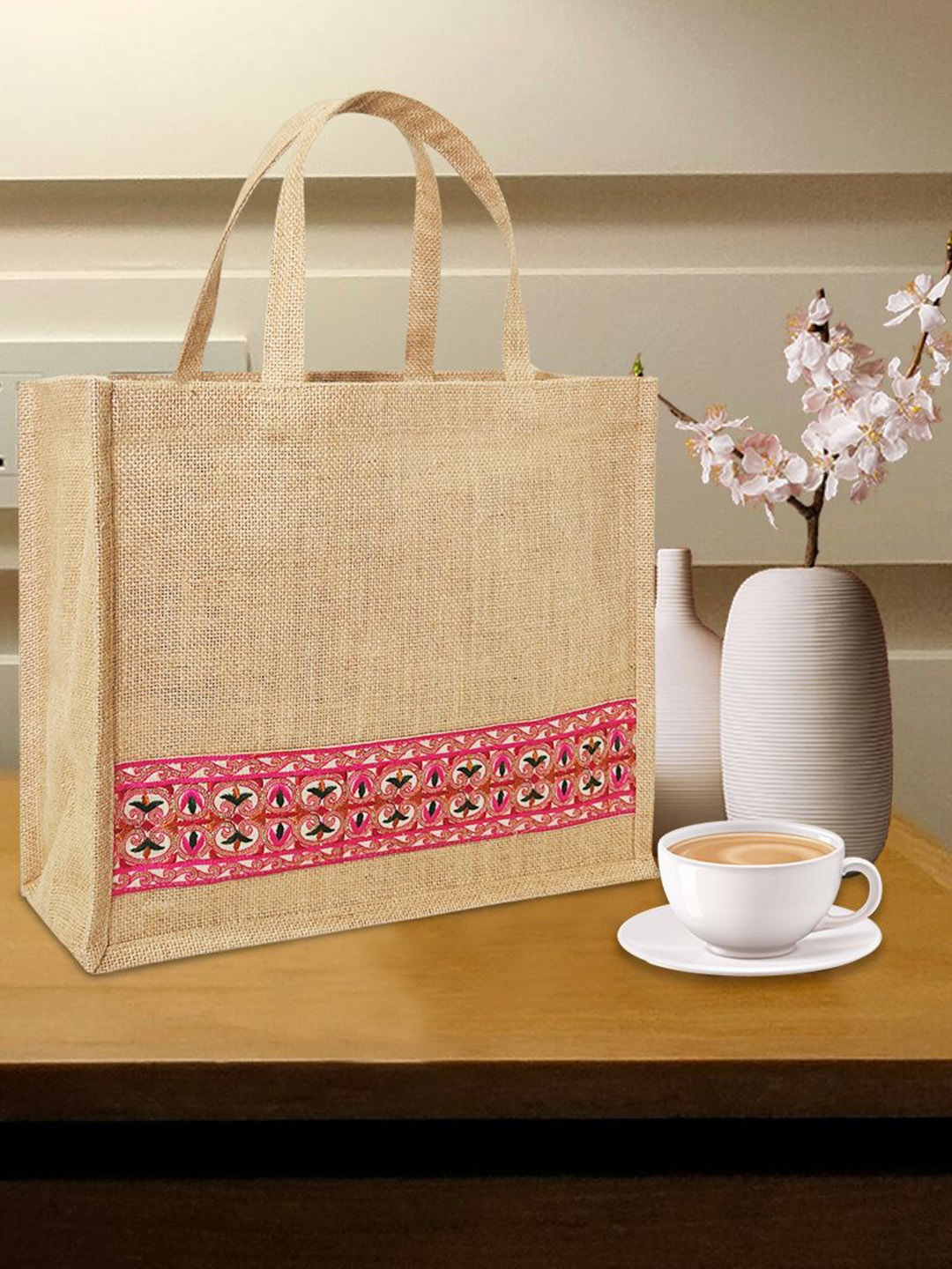 

earthbags Women Ethnic Motifs Printed Lace Tote Bags, Beige