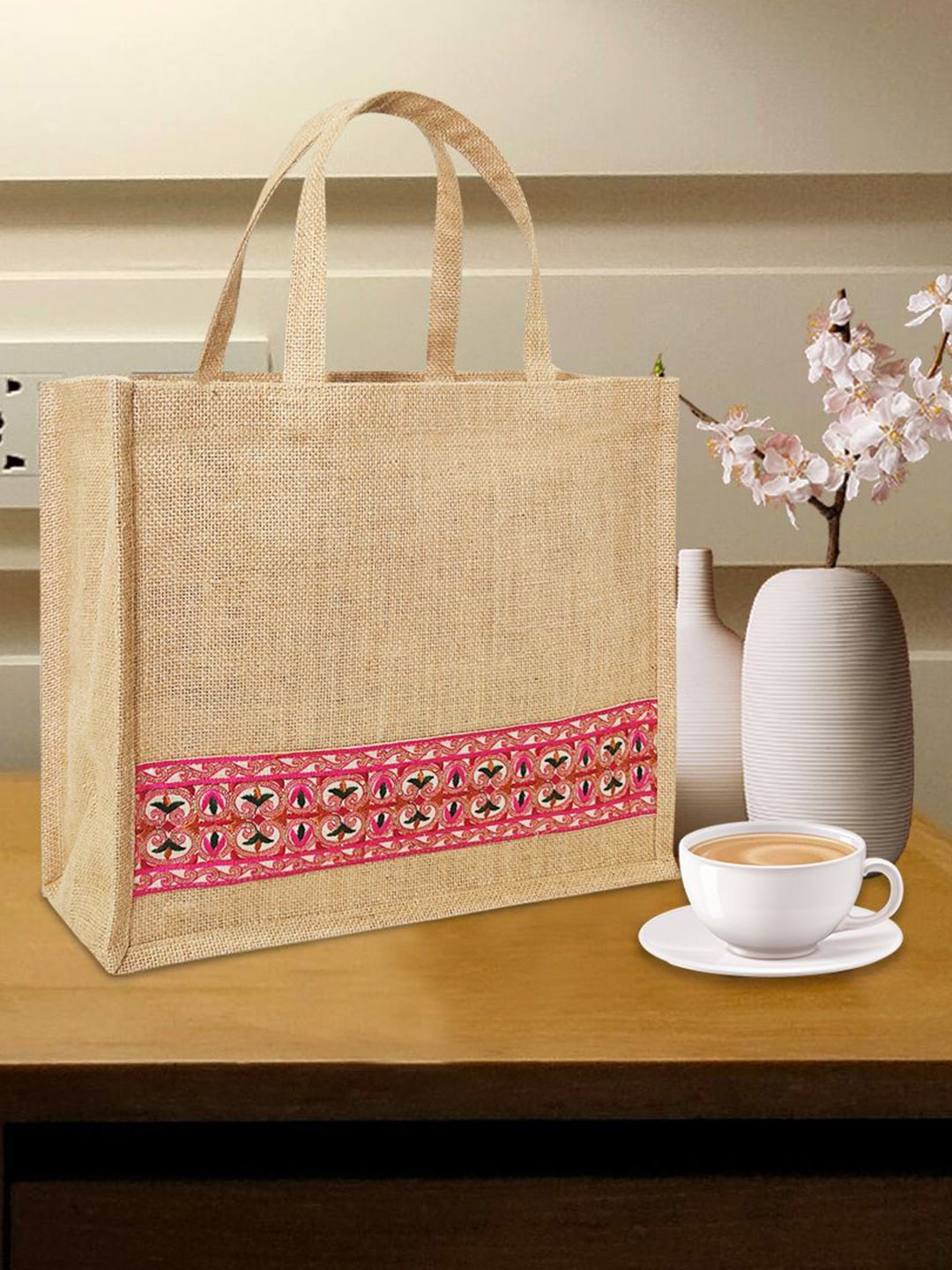 

earthbags Women Ethnic Motifs Printed Lace Tote Bags, Beige