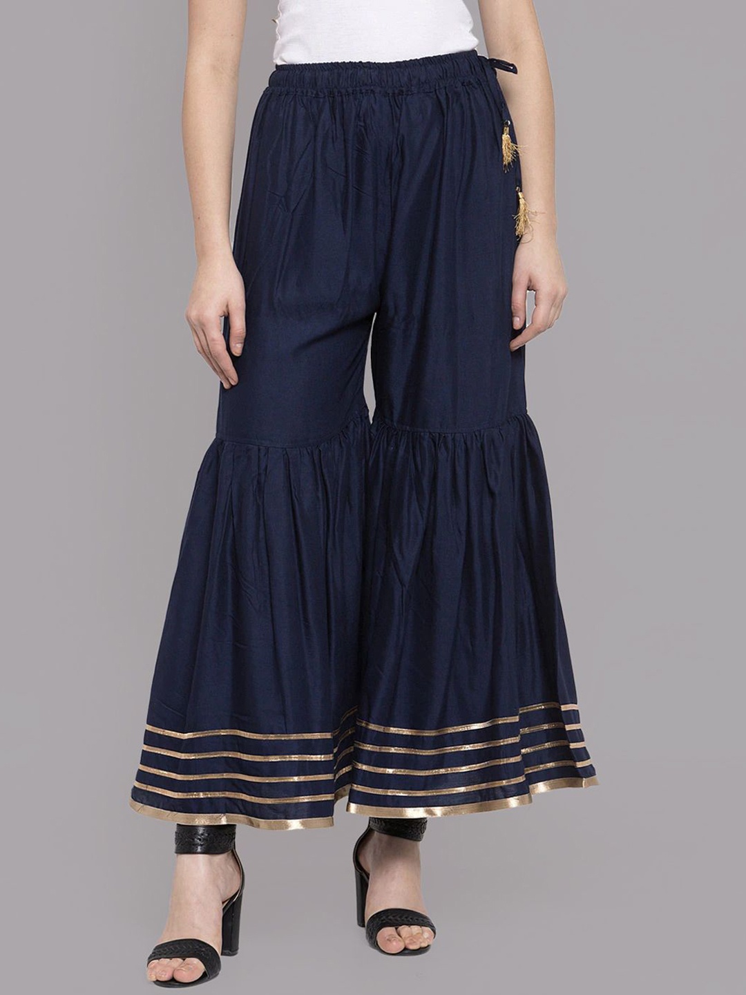 

Moda Rapido Women Embellished Smart Flared Pleated Trousers, Blue