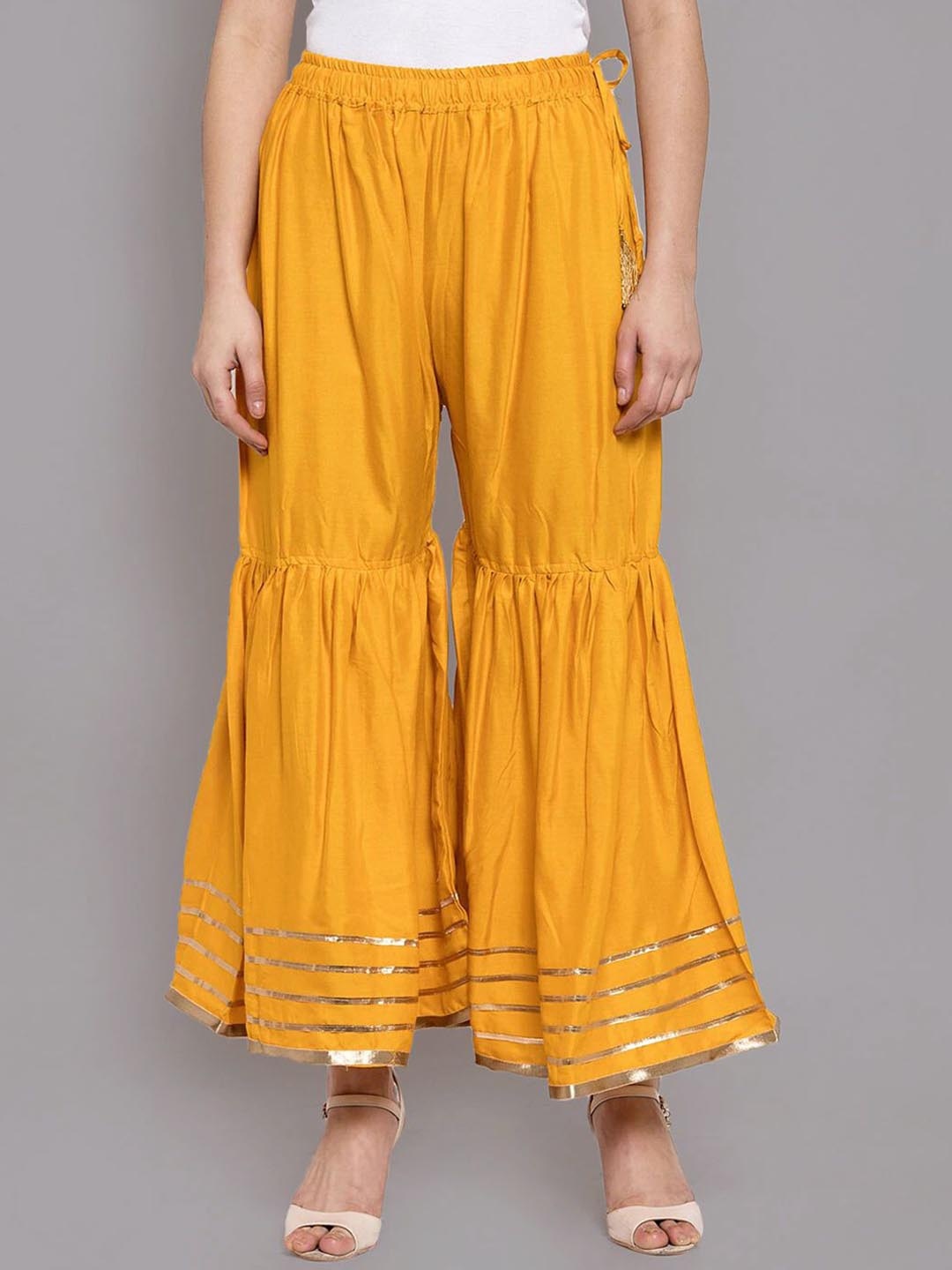 

Moda Rapido Women Embellished Smart Fit Flared Wide Leg Trousers, Mustard