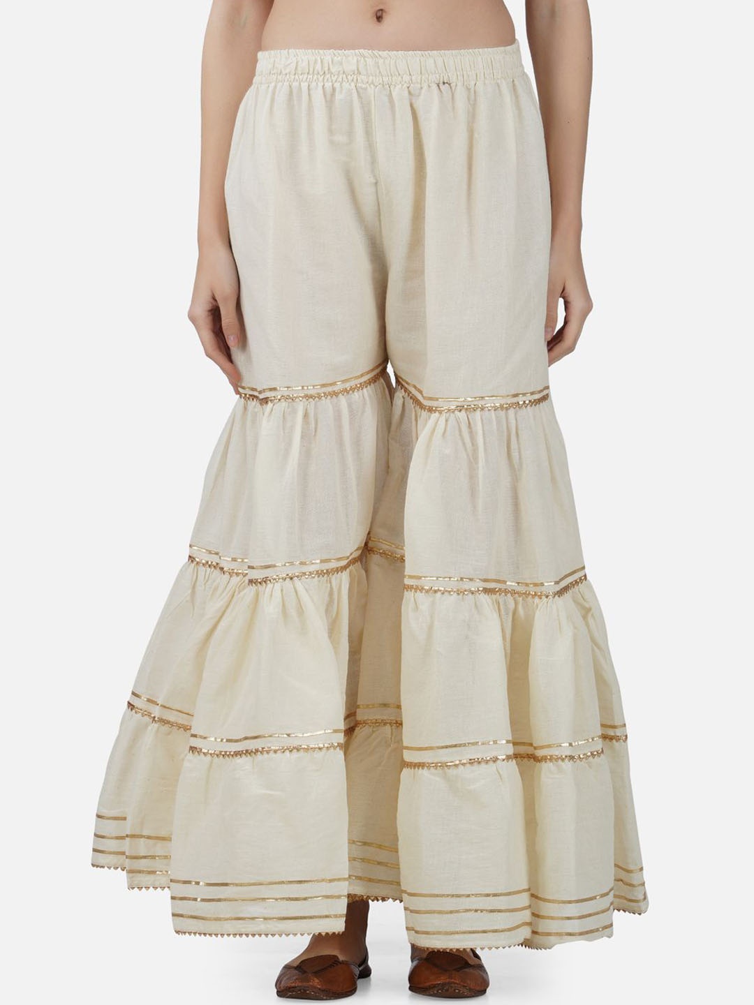 

Moda Rapido Women Striped Embellished Cotton Flared Palazzos, Off white