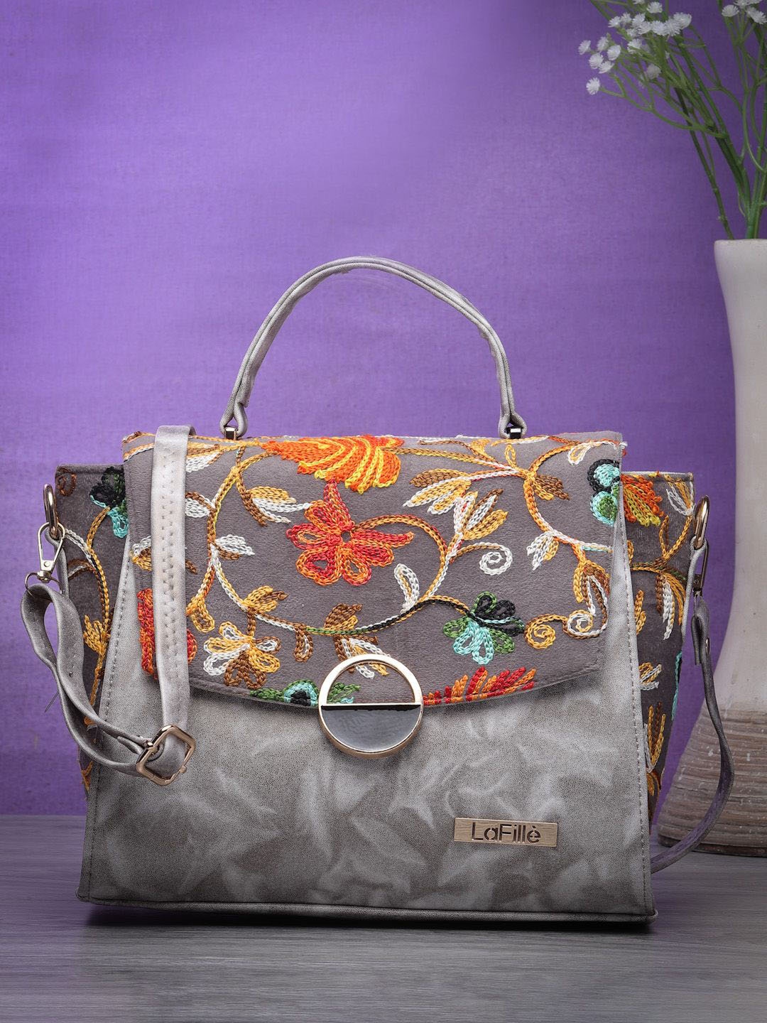 

LaFille Women Floral Textured Structured Satchel Bag, Grey