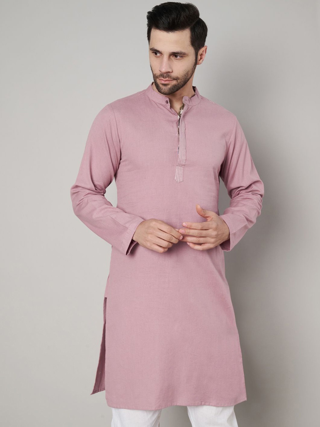 

FABRIC FITOOR Embroidered Band Collar Straight Kurta, Rose