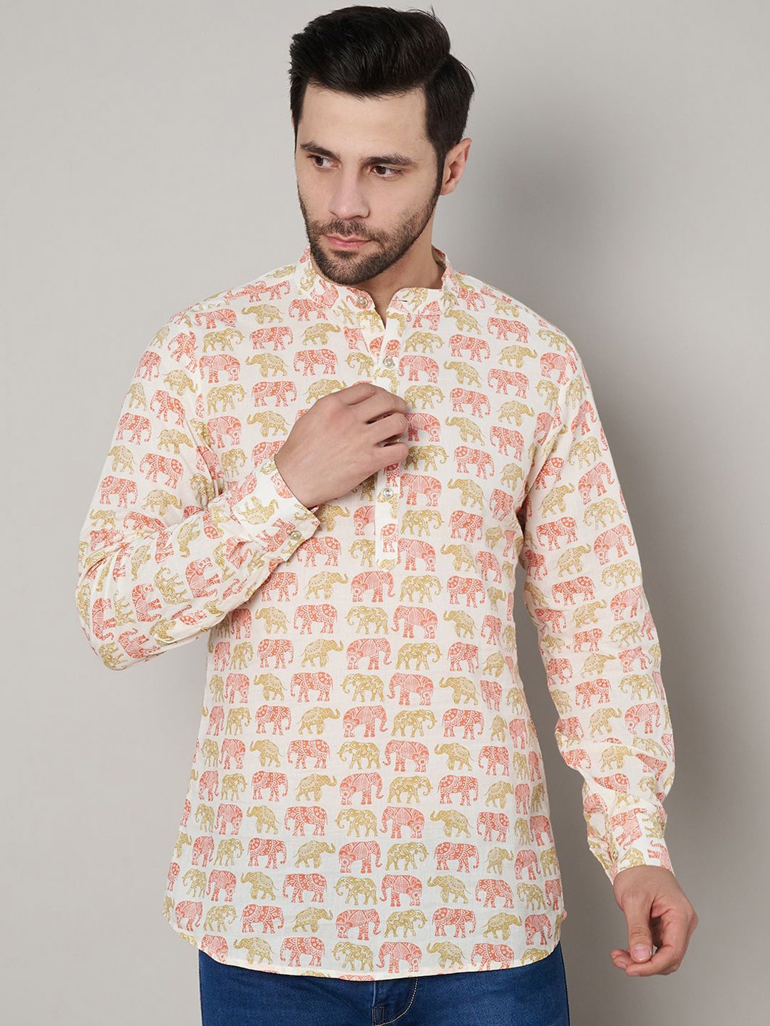 

FABRIC FITOOR Elephant Print Band Collar Short Kurta, Off white