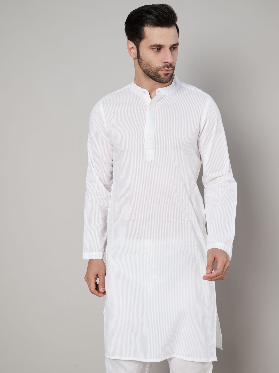 

FABRIC FITOOR Stripped Band Collar Straight Pure Cotton Dobby Kurta, White