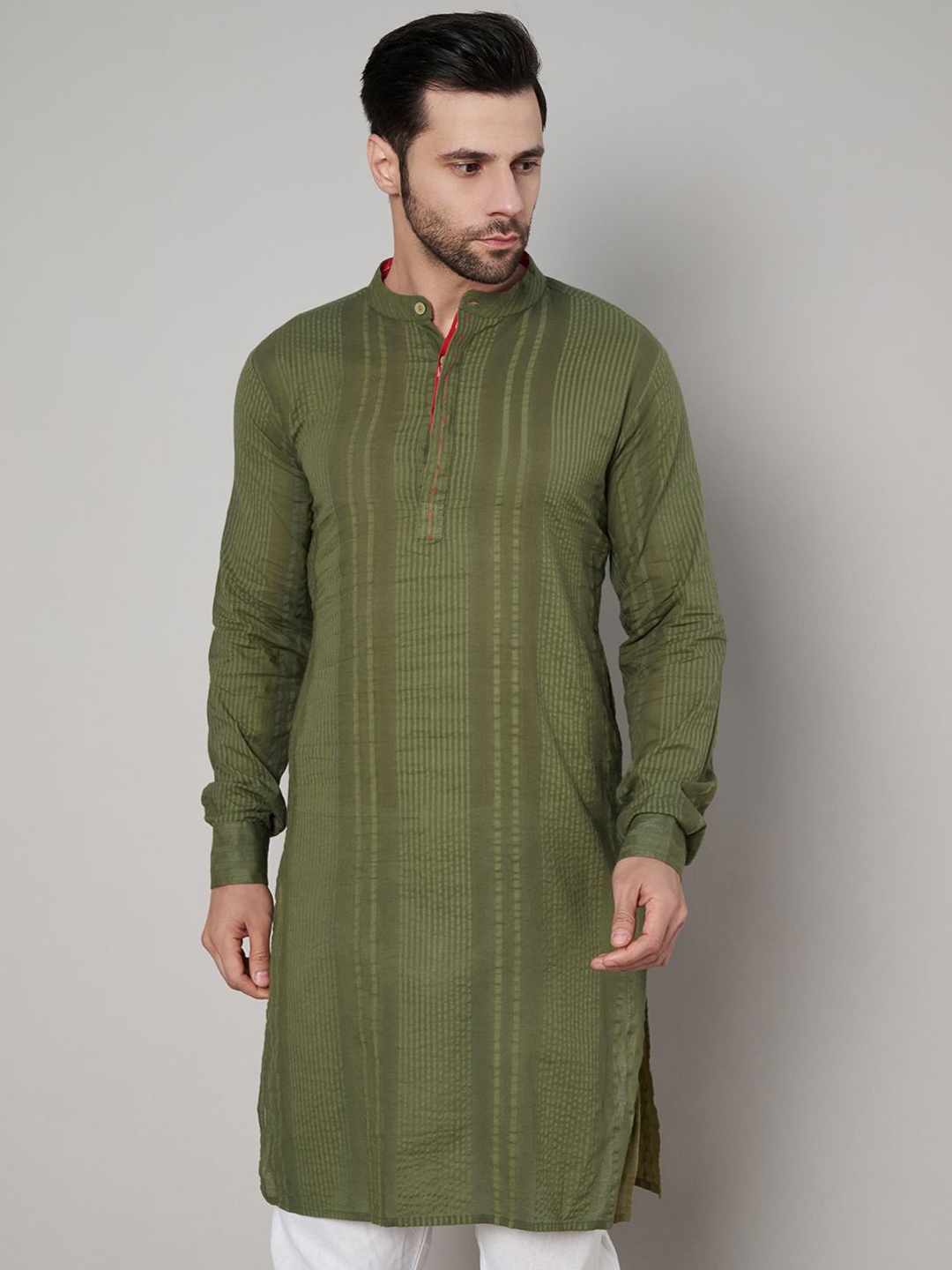 

FABRIC FITOOR Stripped Embroidered Band Collar Straight Kurta, Olive