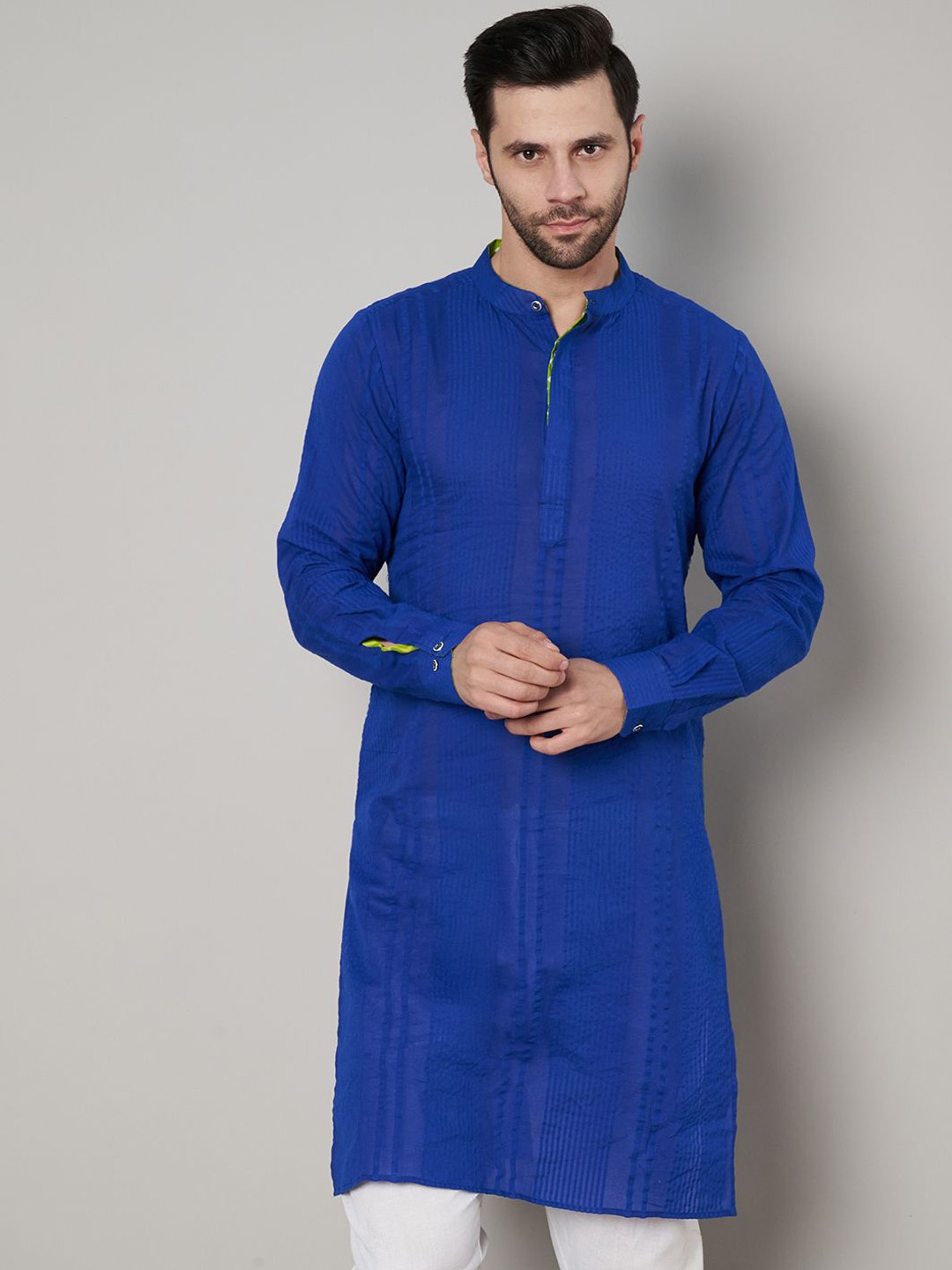 

FABRIC FITOOR Stripped Band Collar Pure Cotton Straight Kurta, Blue