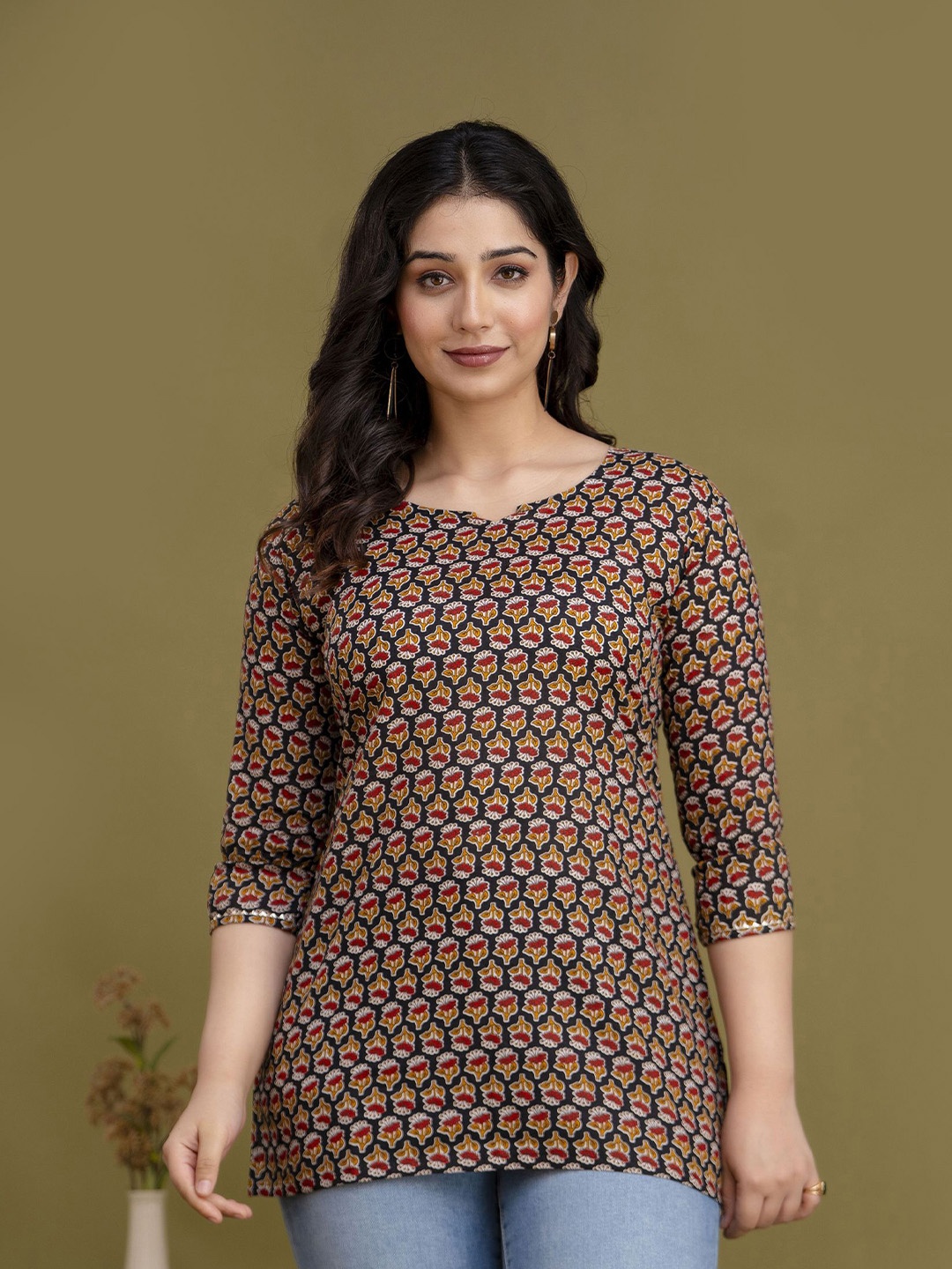 

mad fury Floral Printed Cotton A-Line Top, Navy blue