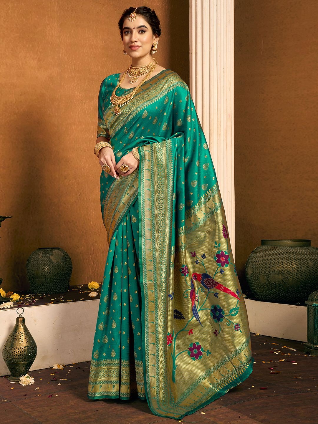 

KALINI Woven Design Zari Silk Blend Paithani Saree, Green