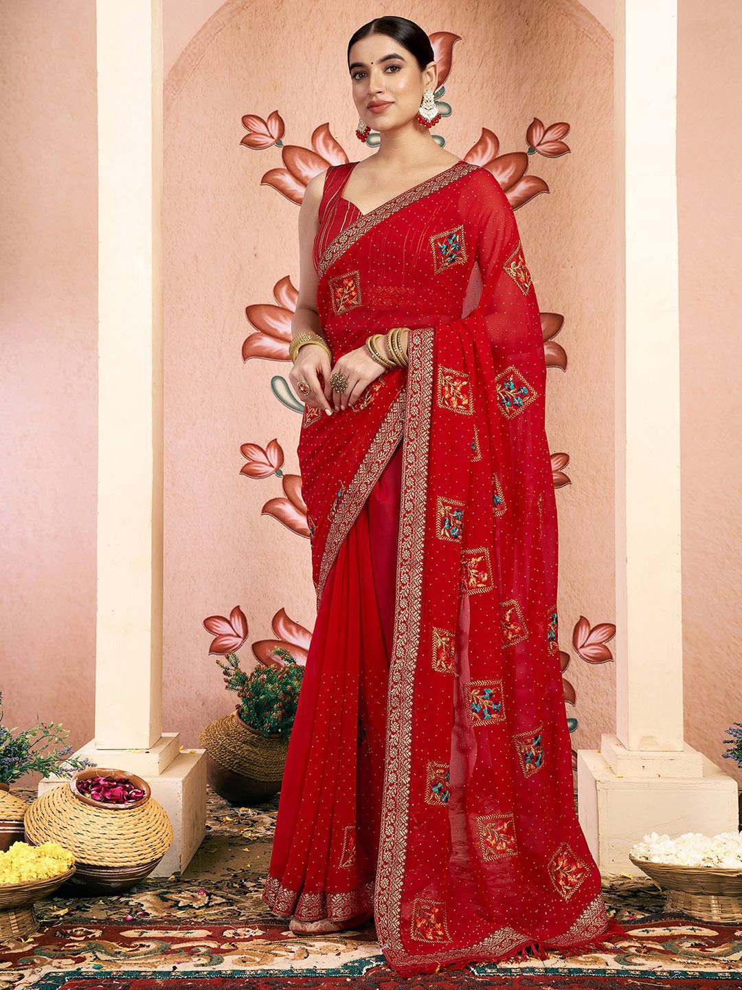 

KALINI Ethnic Motifs Embroidered Zari Pure Georgette Saree, Red