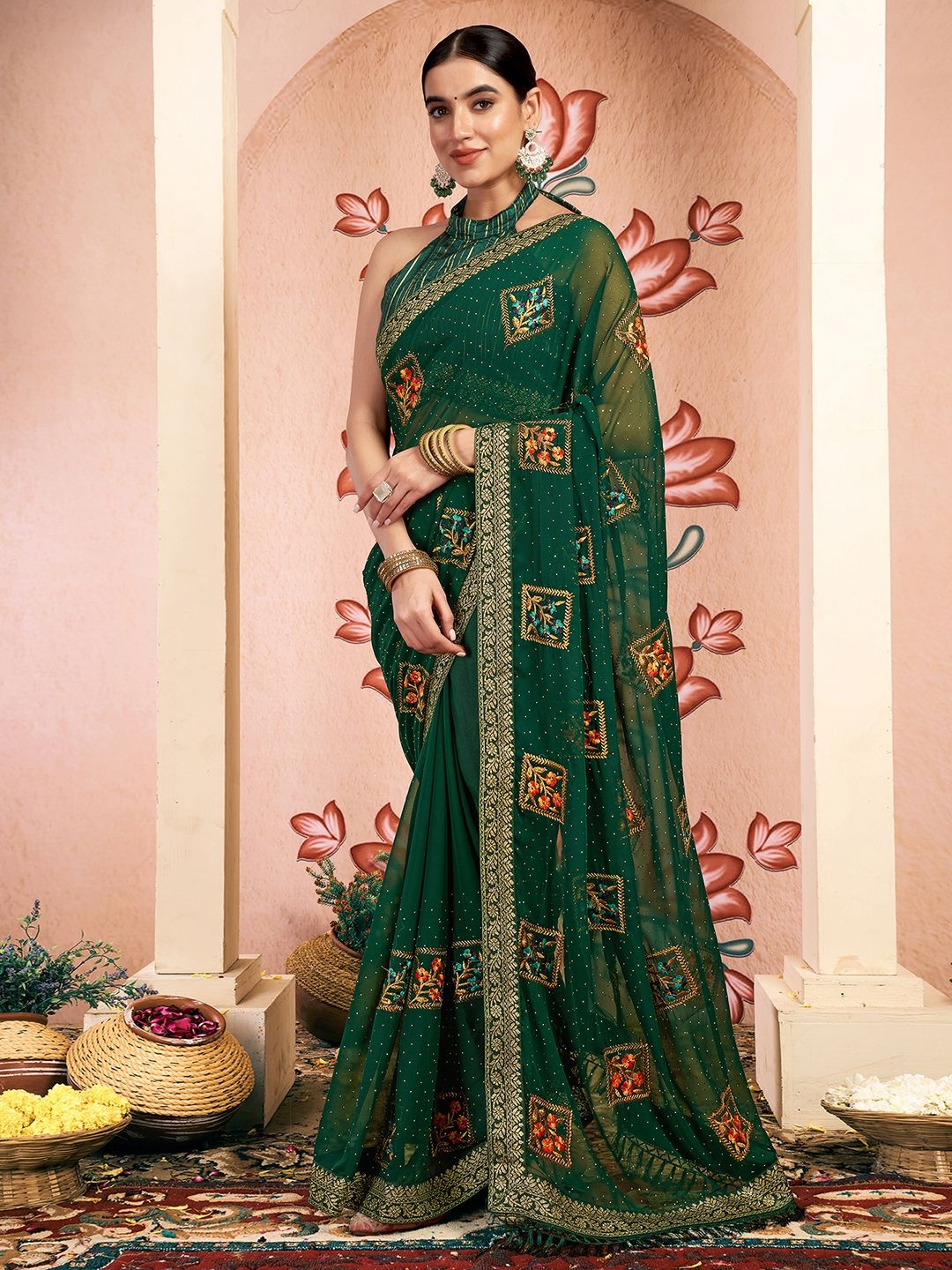 

KALINI Embellished Zari Pure Georgette Saree, Green