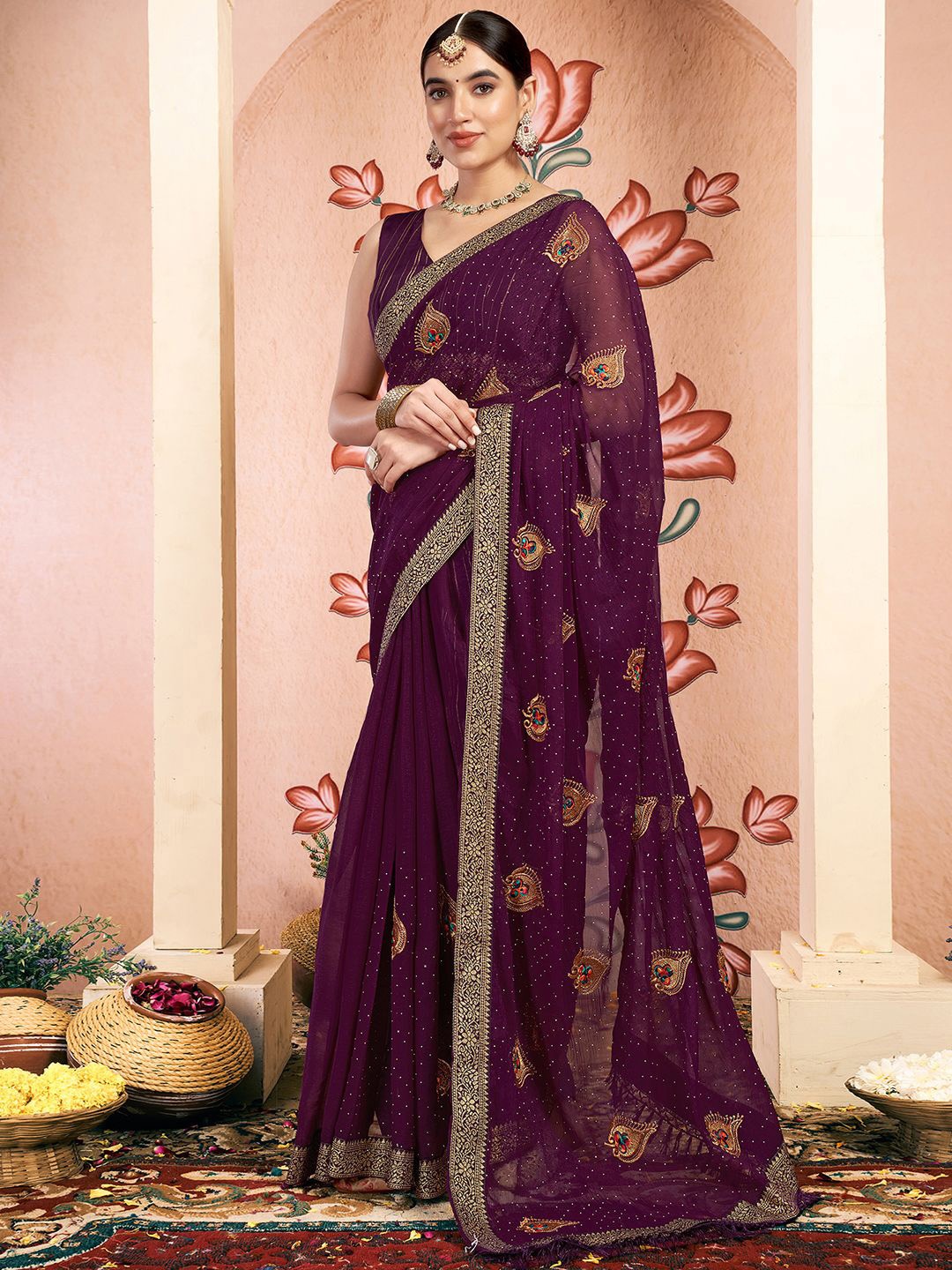 

KALINI Ethnic Motifs Embroidered Pure Georgette Saree, Purple