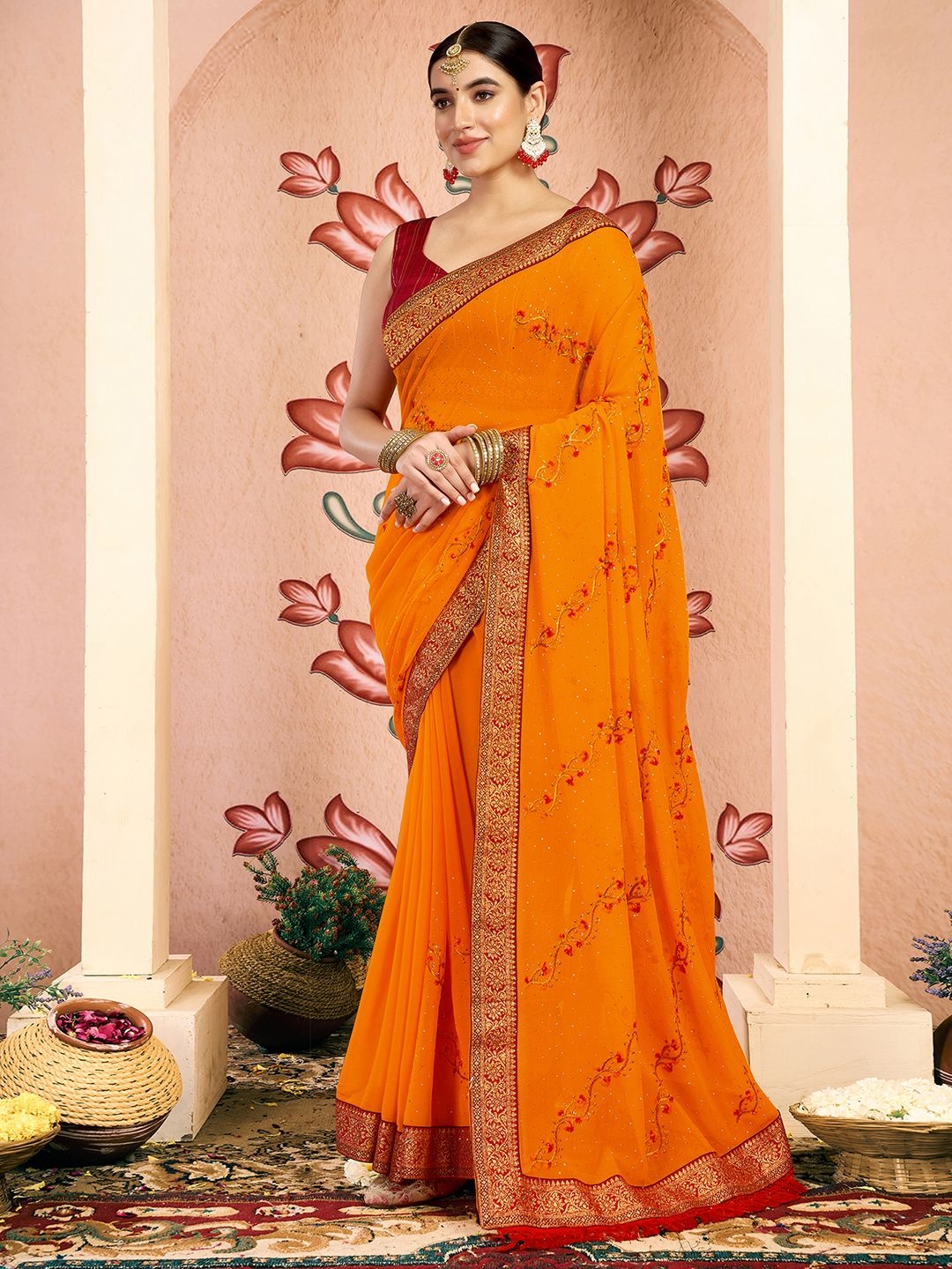 

KALINI Ethnic Motifs Embroidered Pure Georgette Saree, Orange