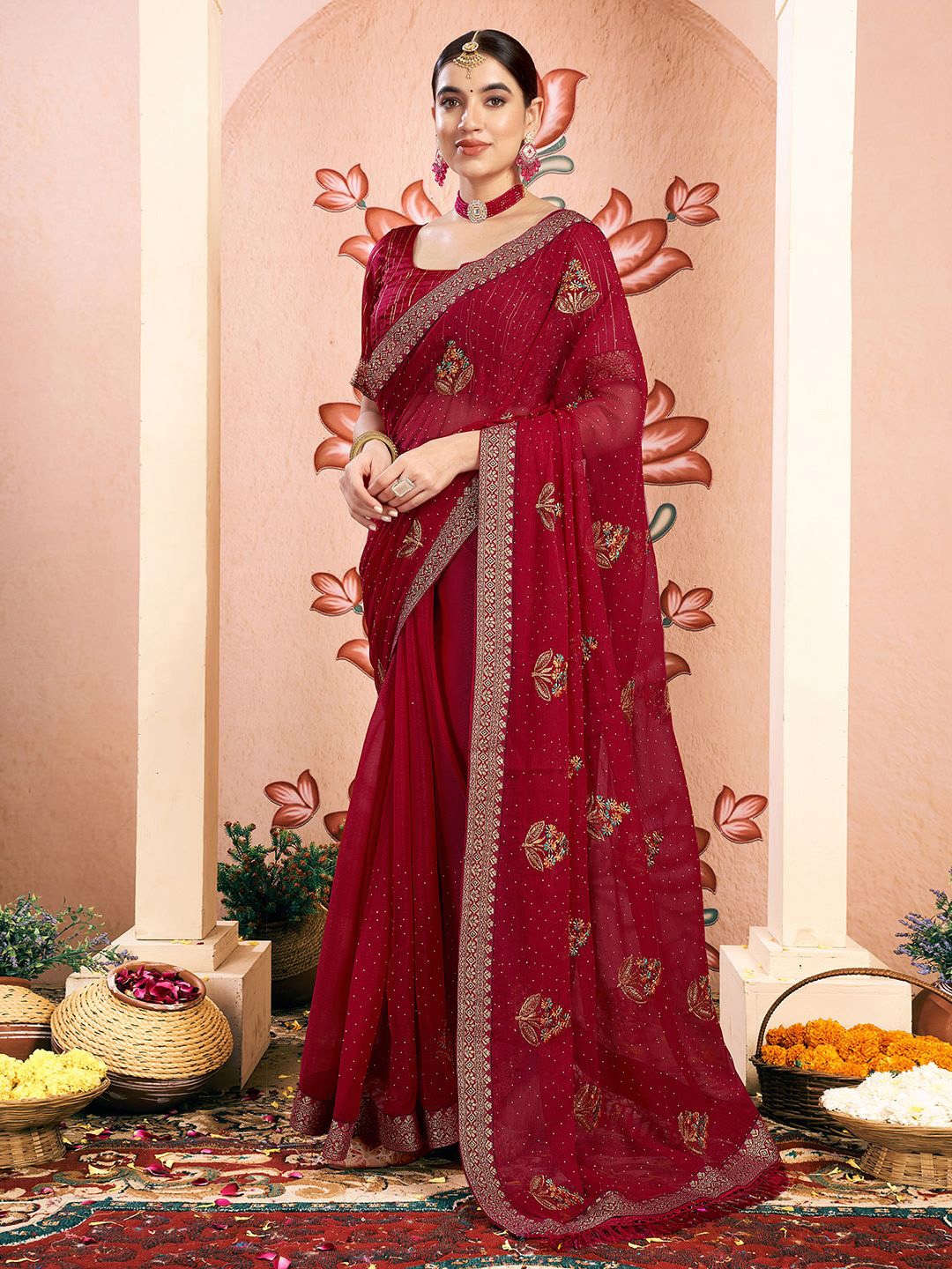 

KALINI Embellished Beads and Stones Pure Georgette Designer Saree, Red