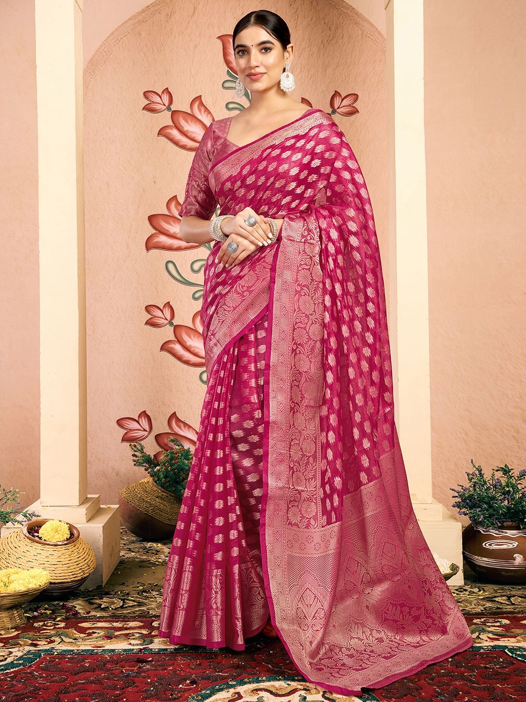 

KALINI Women Woven Design Zari Saree, Pink