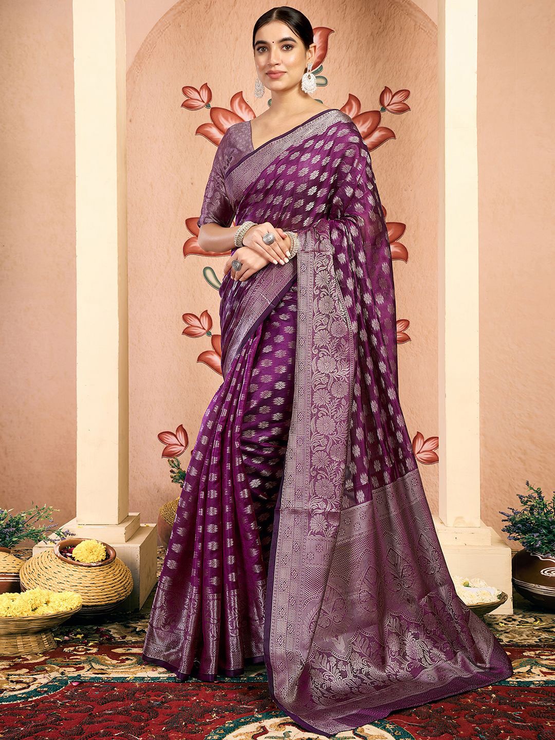 

KALINI Woven Design Zari Silk Blend Saree, Purple