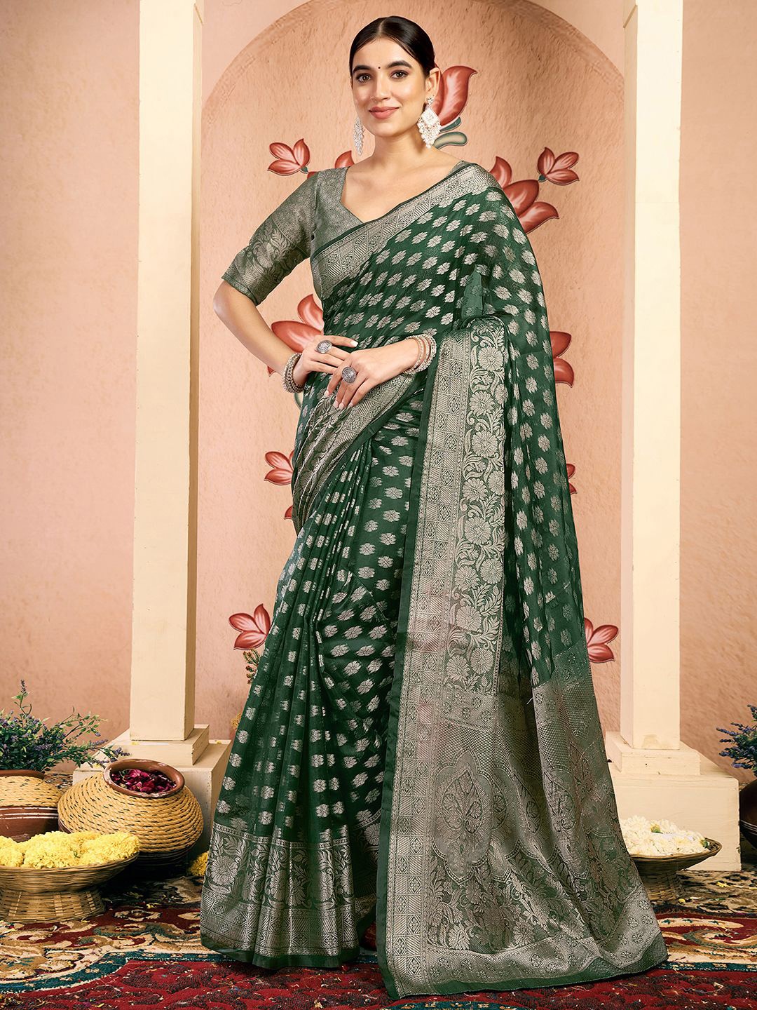 

KALINI Woven Design Zari Saree, Green