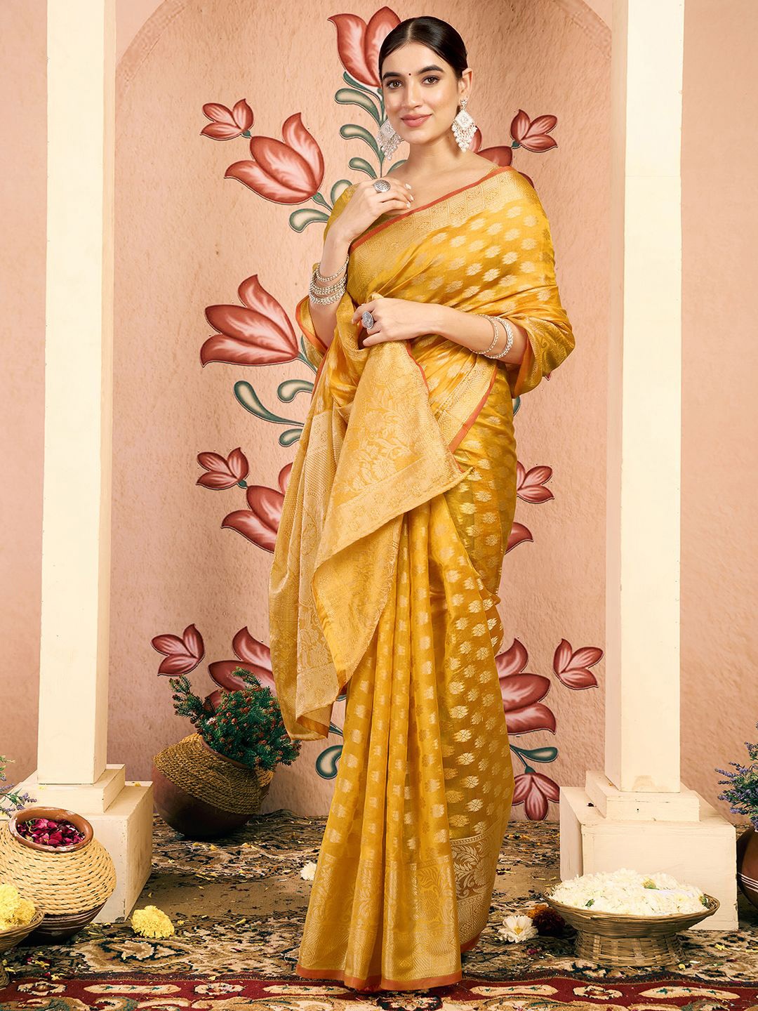 

KALINI Ethnic Motifs Woven Design Zari Saree, Mustard