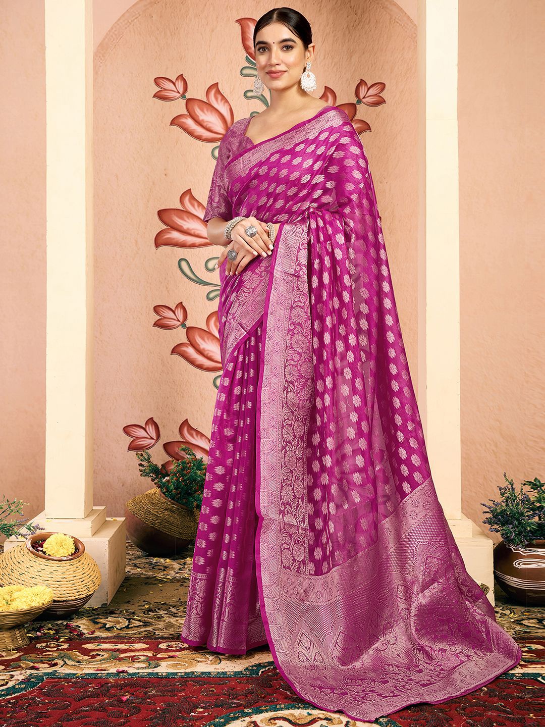 

KALINI Woven Design Zari Saree, Pink