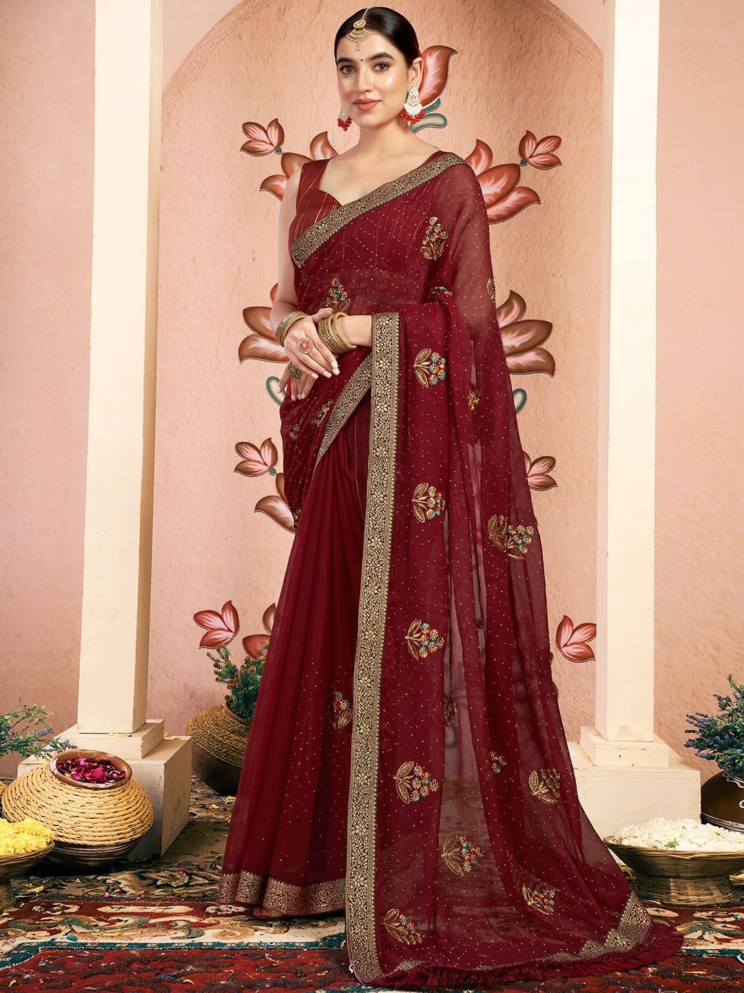 

KALINI Floral Embroidered Zari Pure Georgette Designer Saree, Maroon