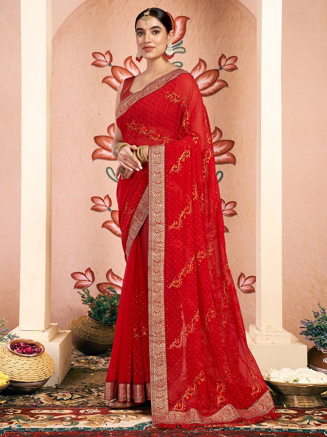 

KALINI Ethnic Motifs Zari Saree, Red