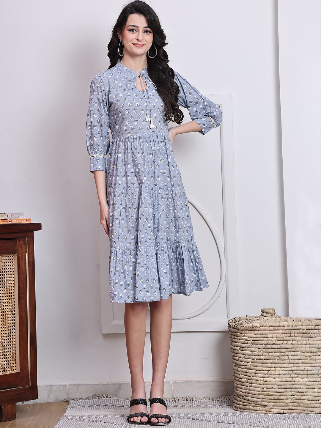 

Rajnandini Floral Printed Keyhole Neck Cotton A-Line Dress, Grey