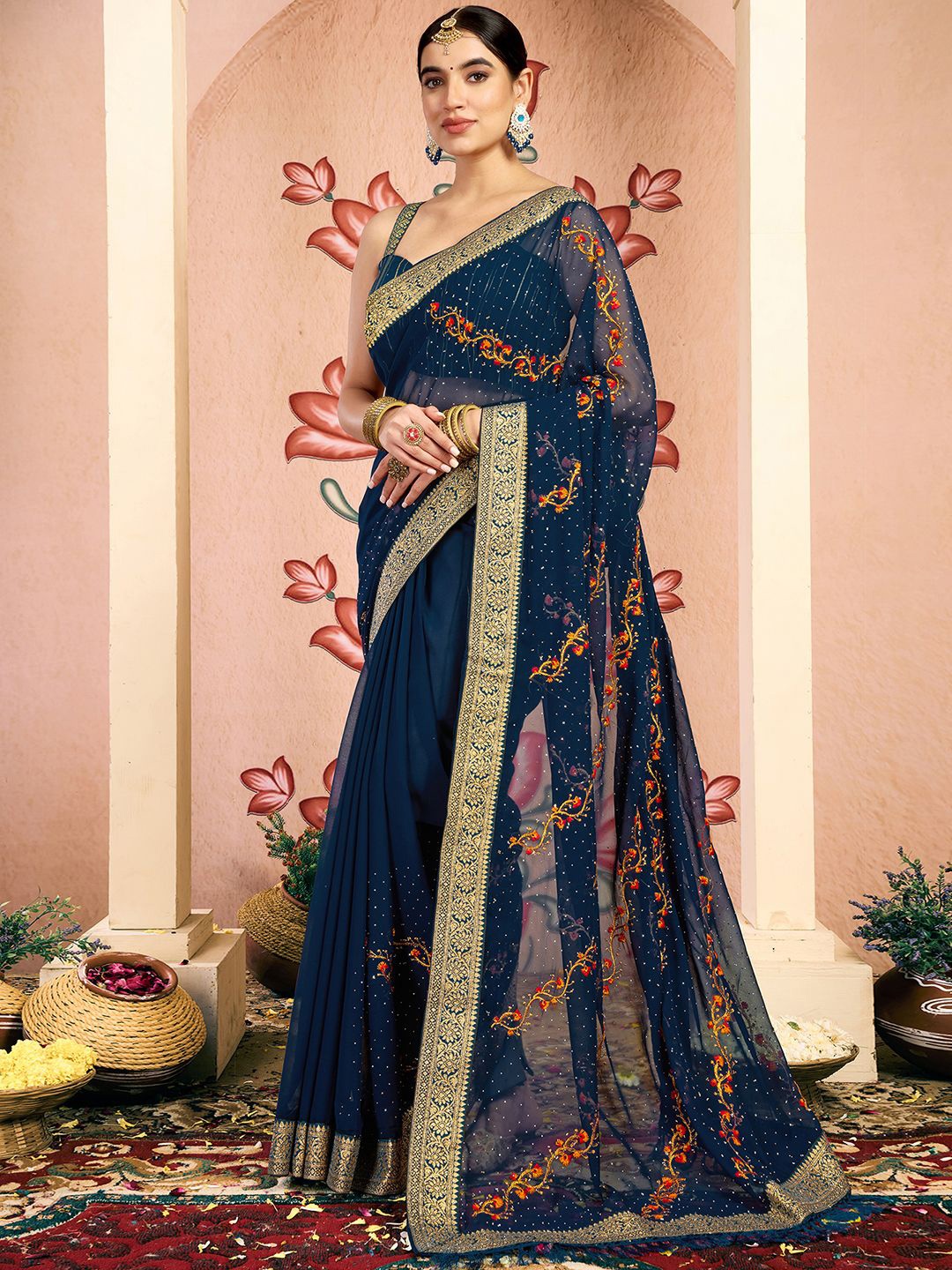 

KALINI Ethnic Motifs Pure Georgette Saree, Blue