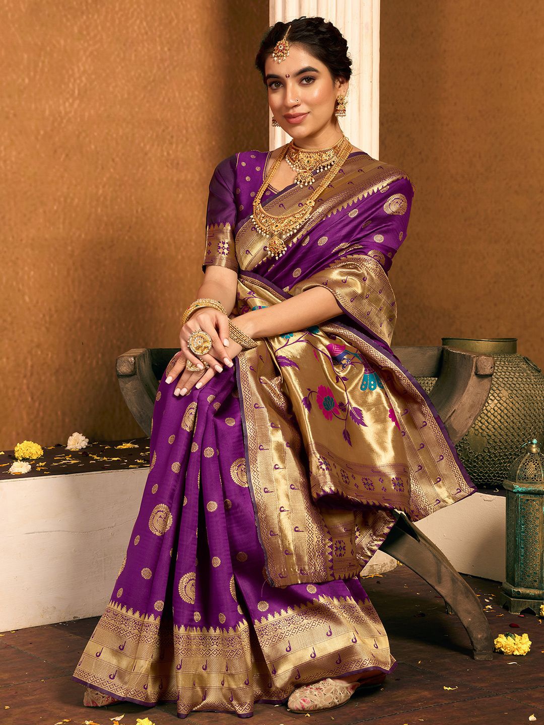 

KALINI Woven Design Zari Paithani Saree, Purple