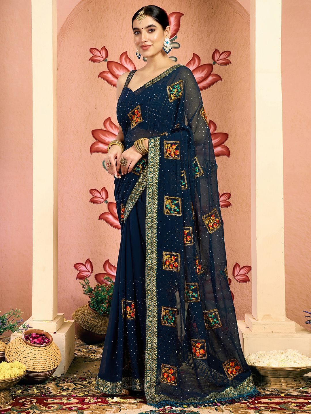 

KALINI Floral Embroidered Zari Pure Georgette Saree, Navy blue