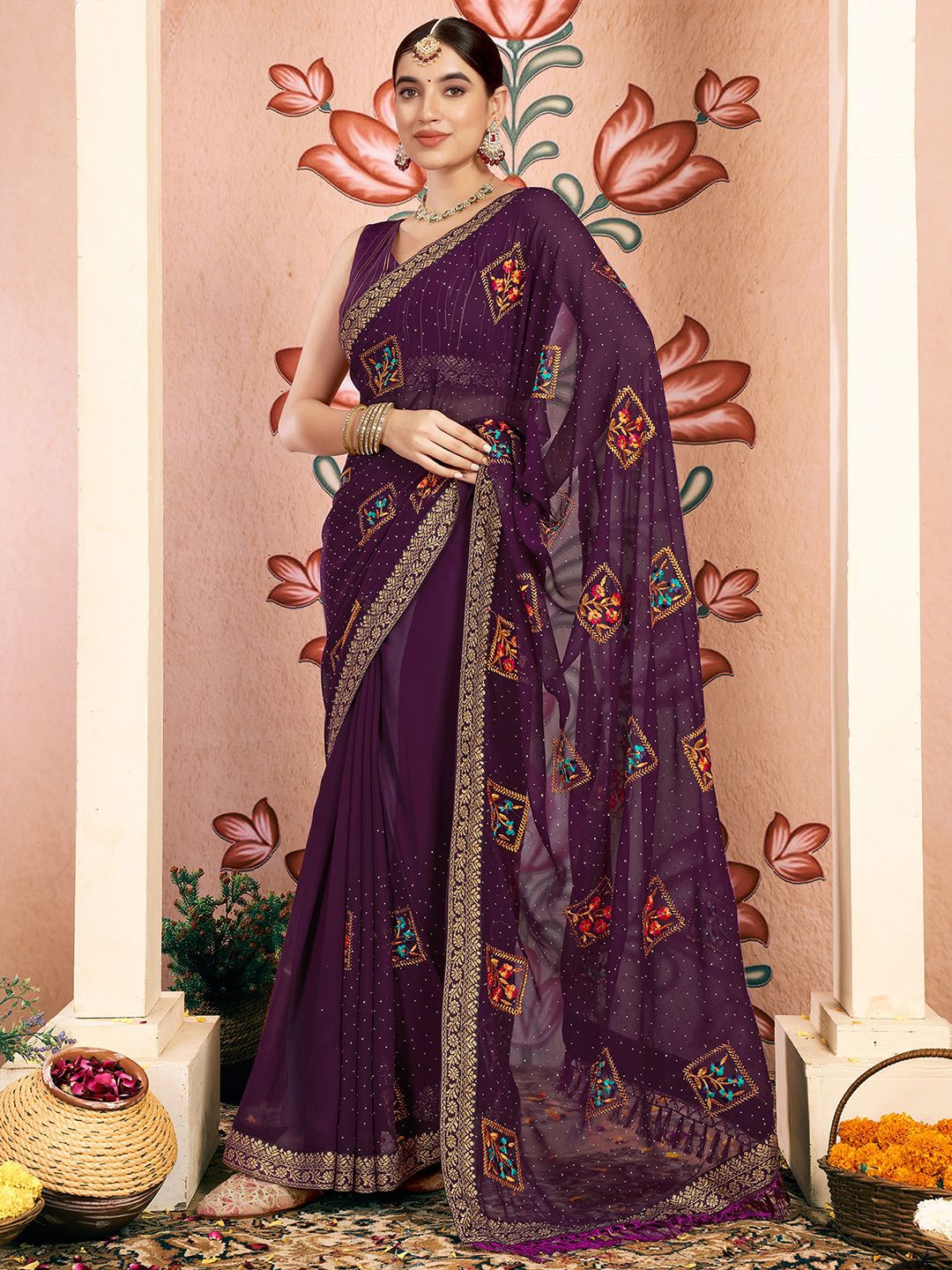 

KALINI Women Ethnic Motifs Woven Design Pure Georgette Saree, Purple