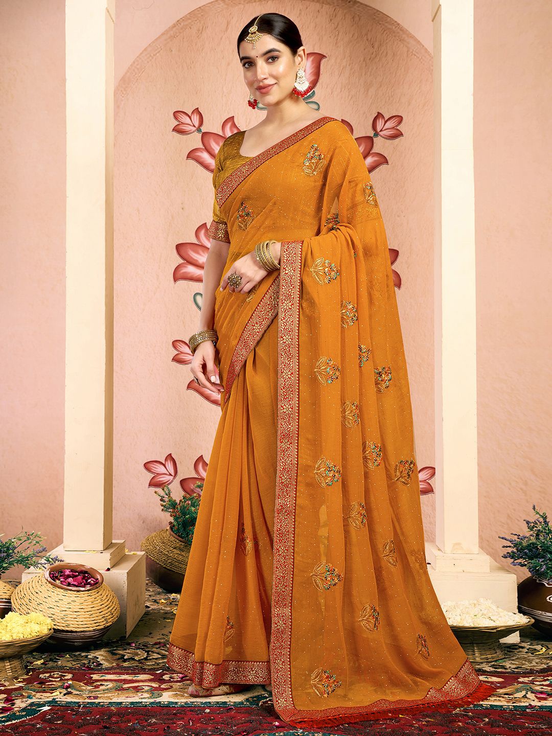 

KALINI Floral Zari Pure Georgette Designer Saree, Orange