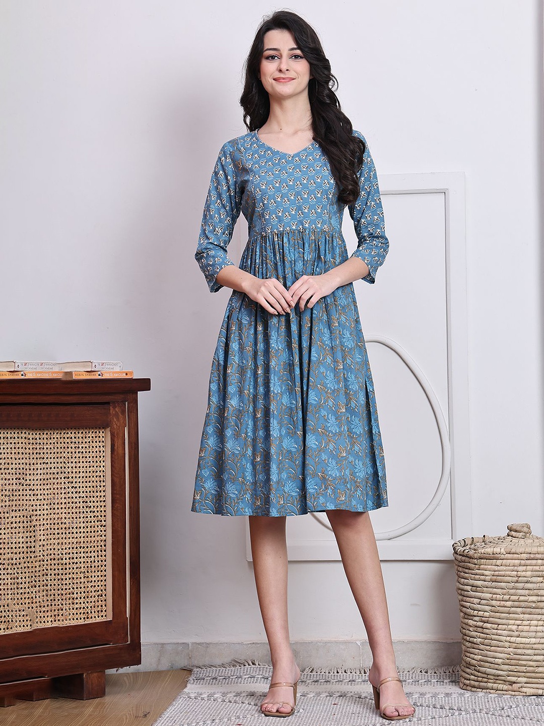 

Rajnandini Women Floral Printed A-Line Cotton Midi Dress, Blue