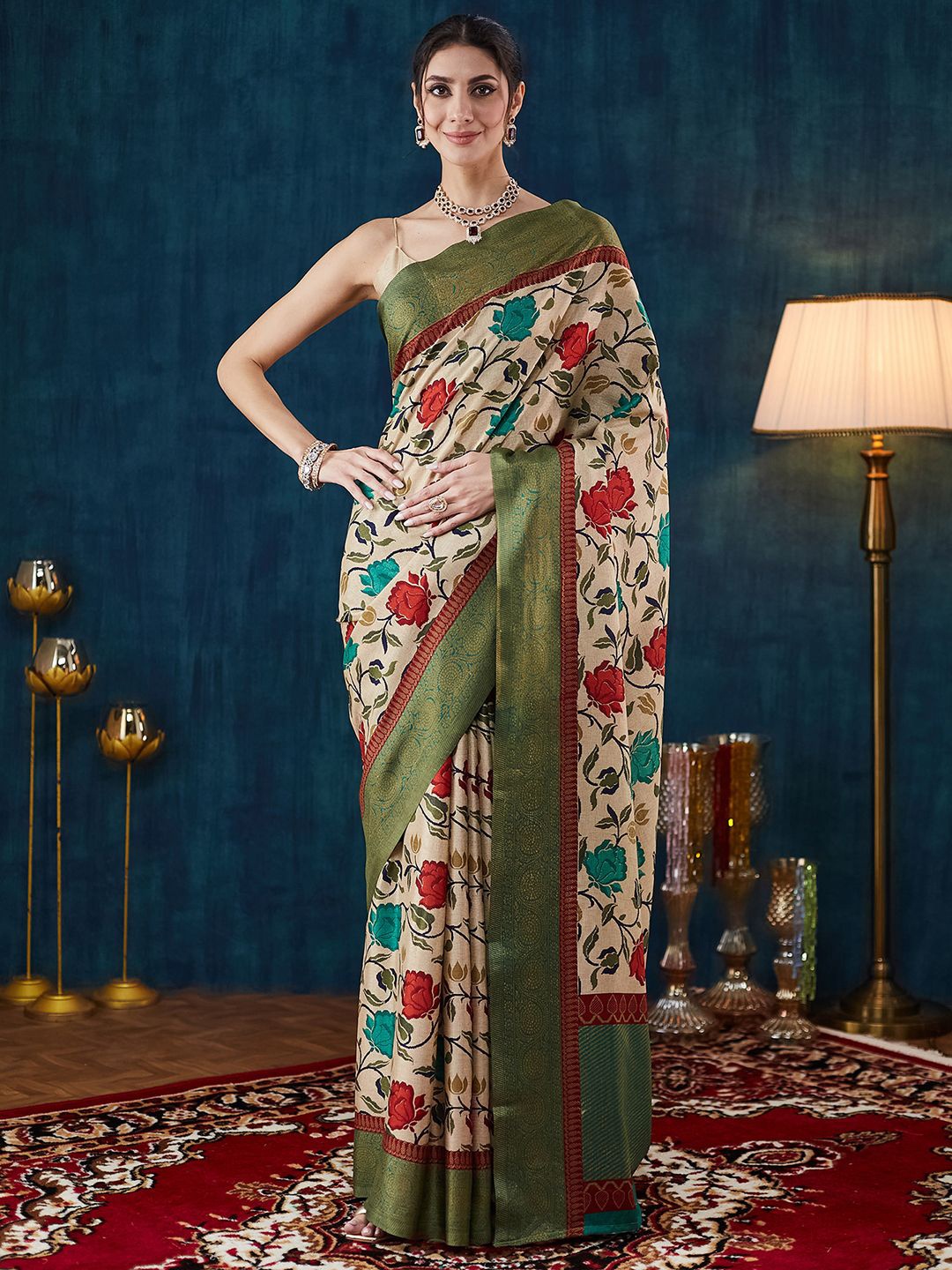 

KALINI Floral Printed Zari Saree, Cream